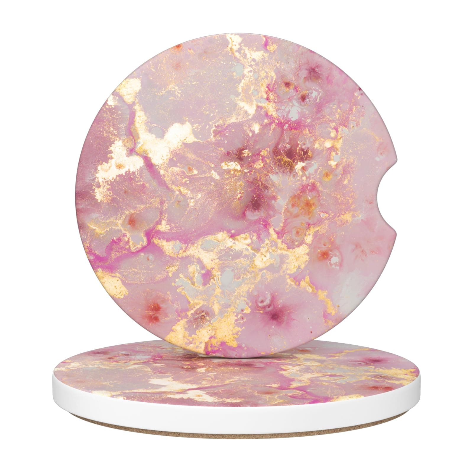 Car Cup Holder Coaster, Car Coasters for Cup holders, 2 Pack Anti Slip Insert Absorbent Ceramic Car Coaster with A Finger Notch & Cork Base, Cute Car Interior Accessories for Women(Golden Pink Marble)