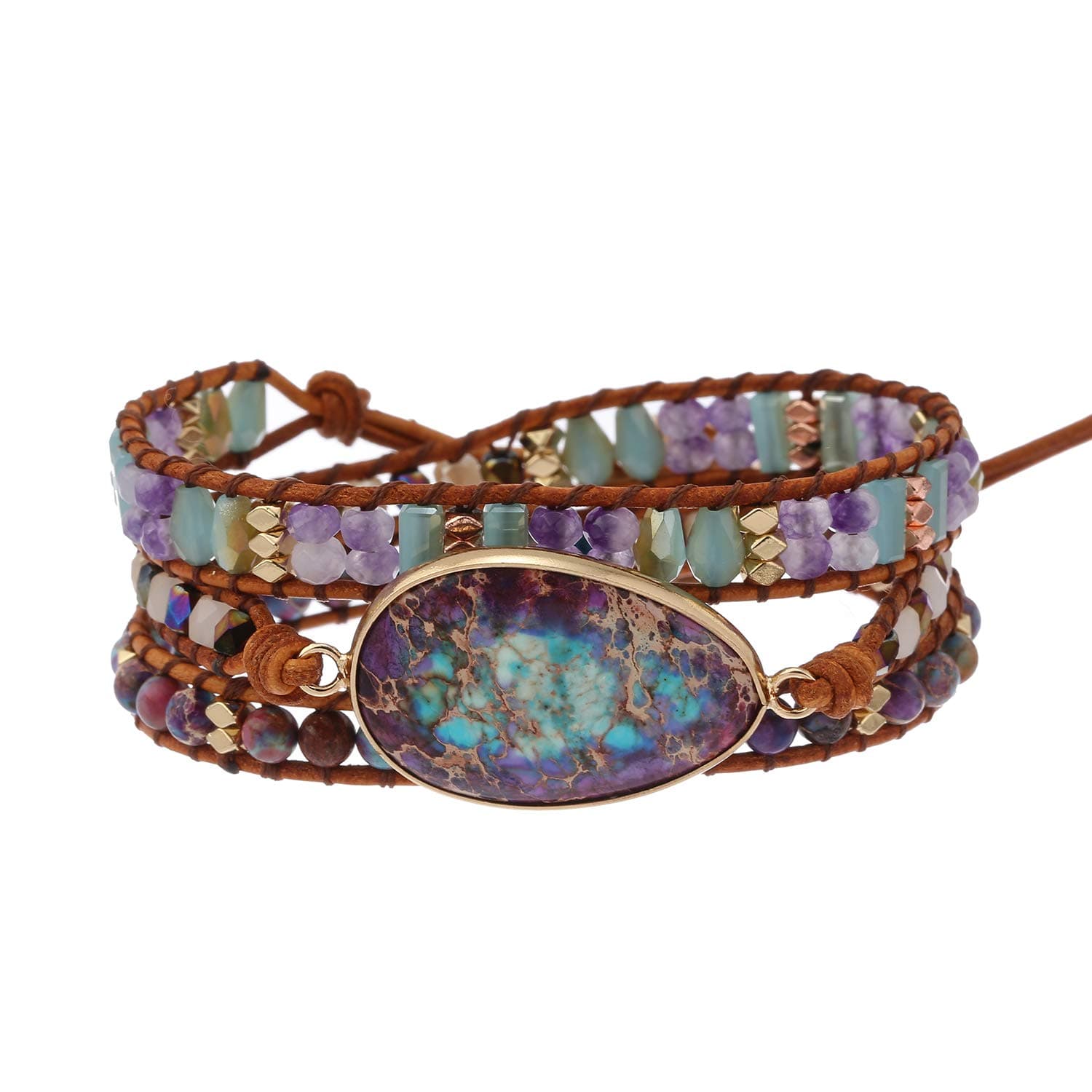 Women Boho Handmade Natural Stone Crystal Leather Bead Wrap Bracelets Collection