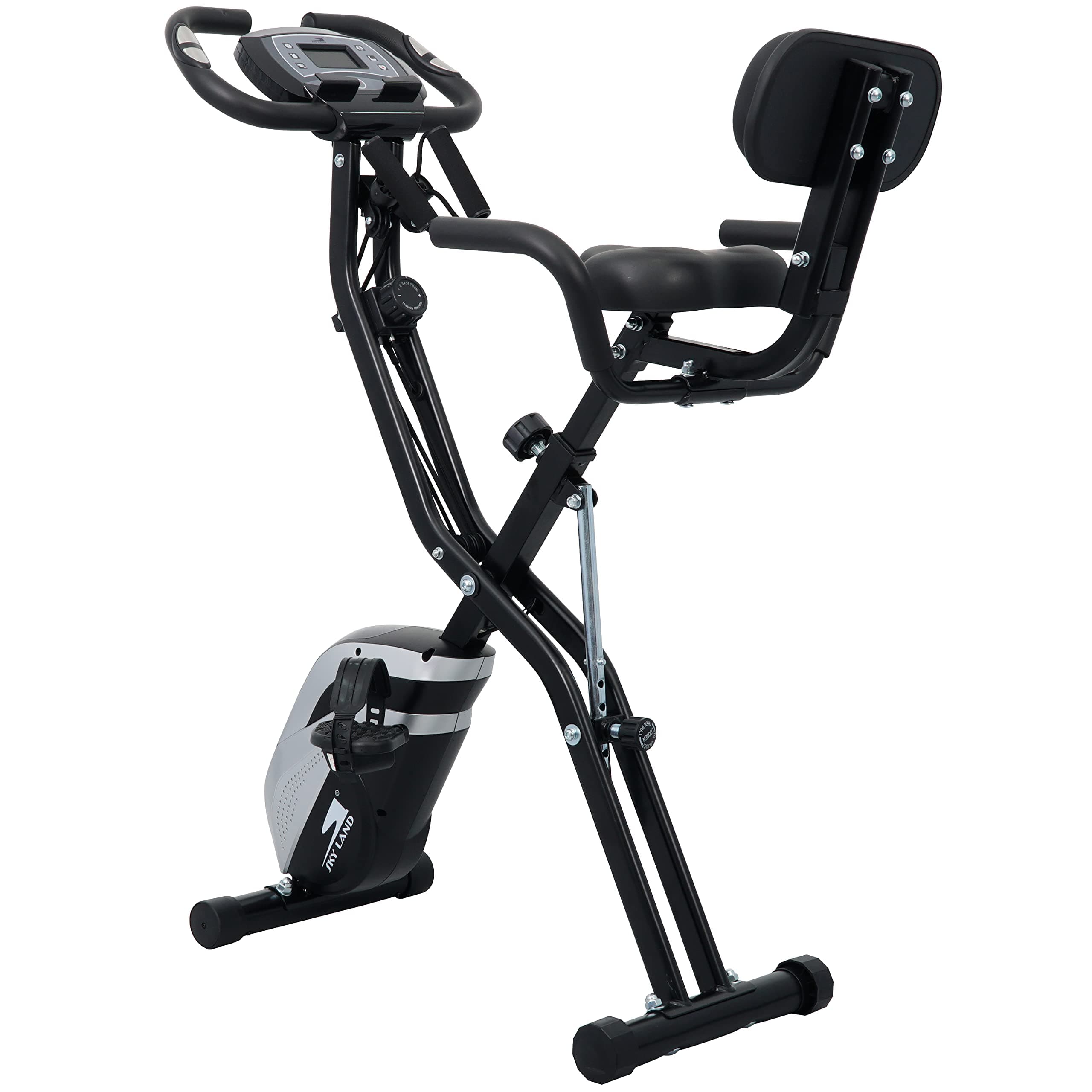 SKY LAND Foldable Exercise Bike, 4-in-1 X-Bike for Indoor Cycling with Arm Resistance Bands, Stationary Fitness Bike with Digital LCD Monitor & 10-Level Adjustable Magnetic Resistance EM-1549