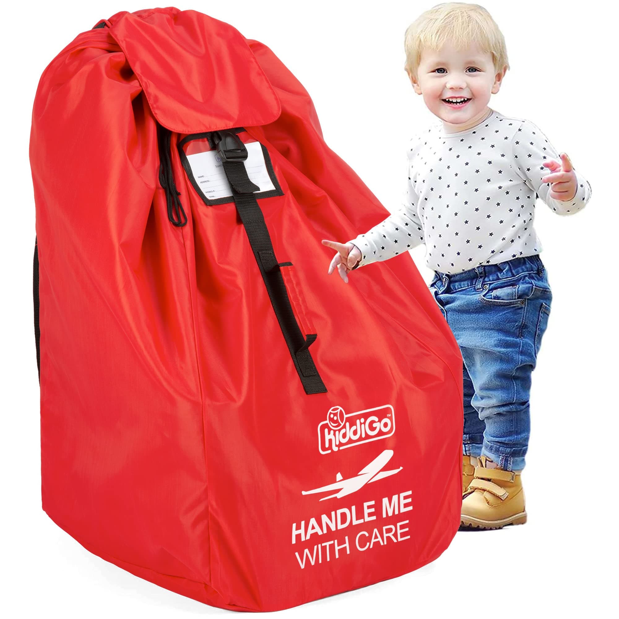 KiddiGo Car Seat Travel Bag for Airplane, Red, 33” H x 18” W x 18” D, Fits Most Standard Convertible, Booster & Infant Car Seats, Gate Check Universal Size Car Seat Cover, Easy Carry Design