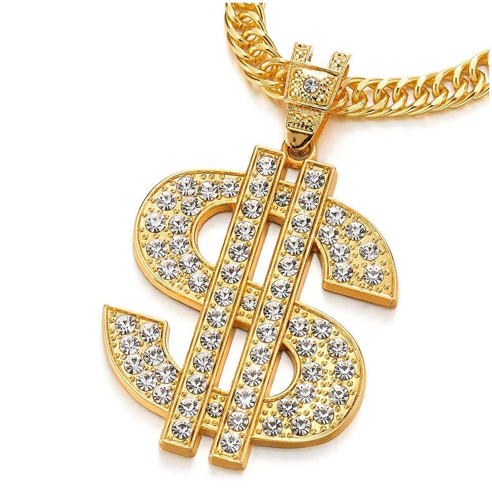 COOLSTEELANDBEYONDHip Hop Punk Large US Dollar Money Sign Pendant with Rhinestones Necklace for Men Women, 31.5 Inches Rope Chain