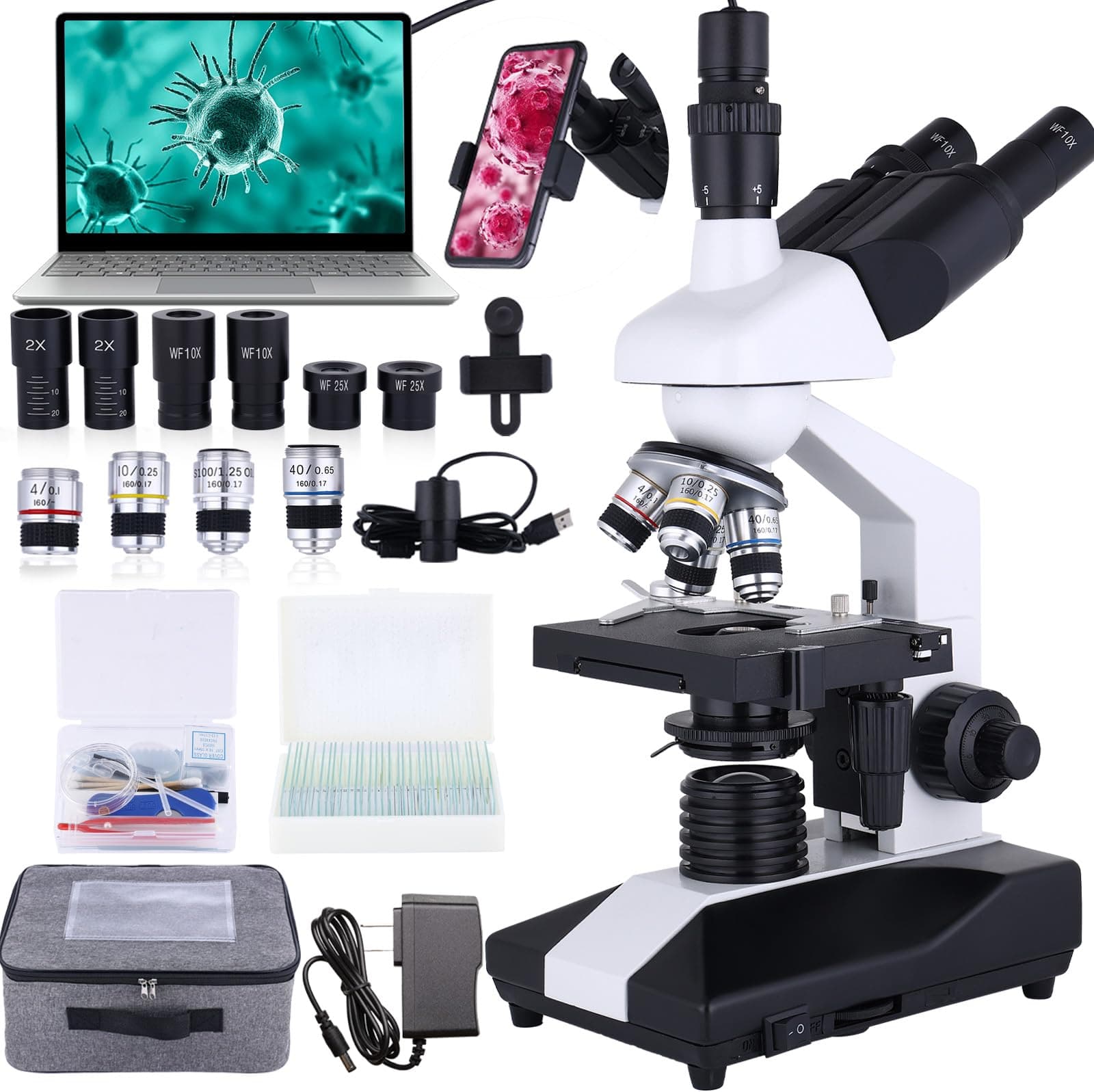 Herwicm Compound Trinocular Microscope 40X-5000X Magnification, Research Grade Professional Microscope, Two Levels of Mechanical Stage LED Illumination, USB Video Camera with Microscope for Adults