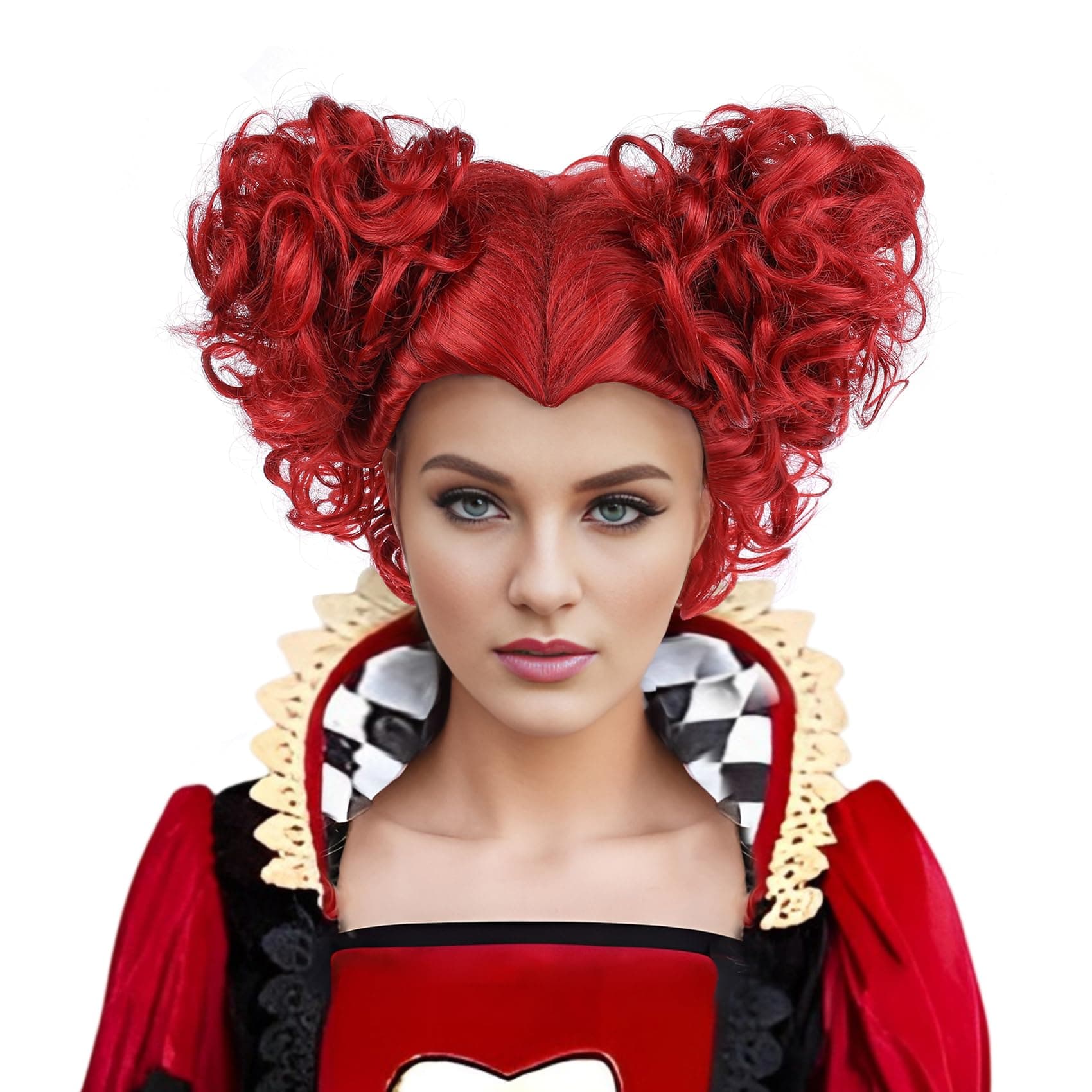 Red Queen Wig with Crown Costume Girls Women Two Buns Heat Resistant Synthetic Hair for Halloween Christmas Party