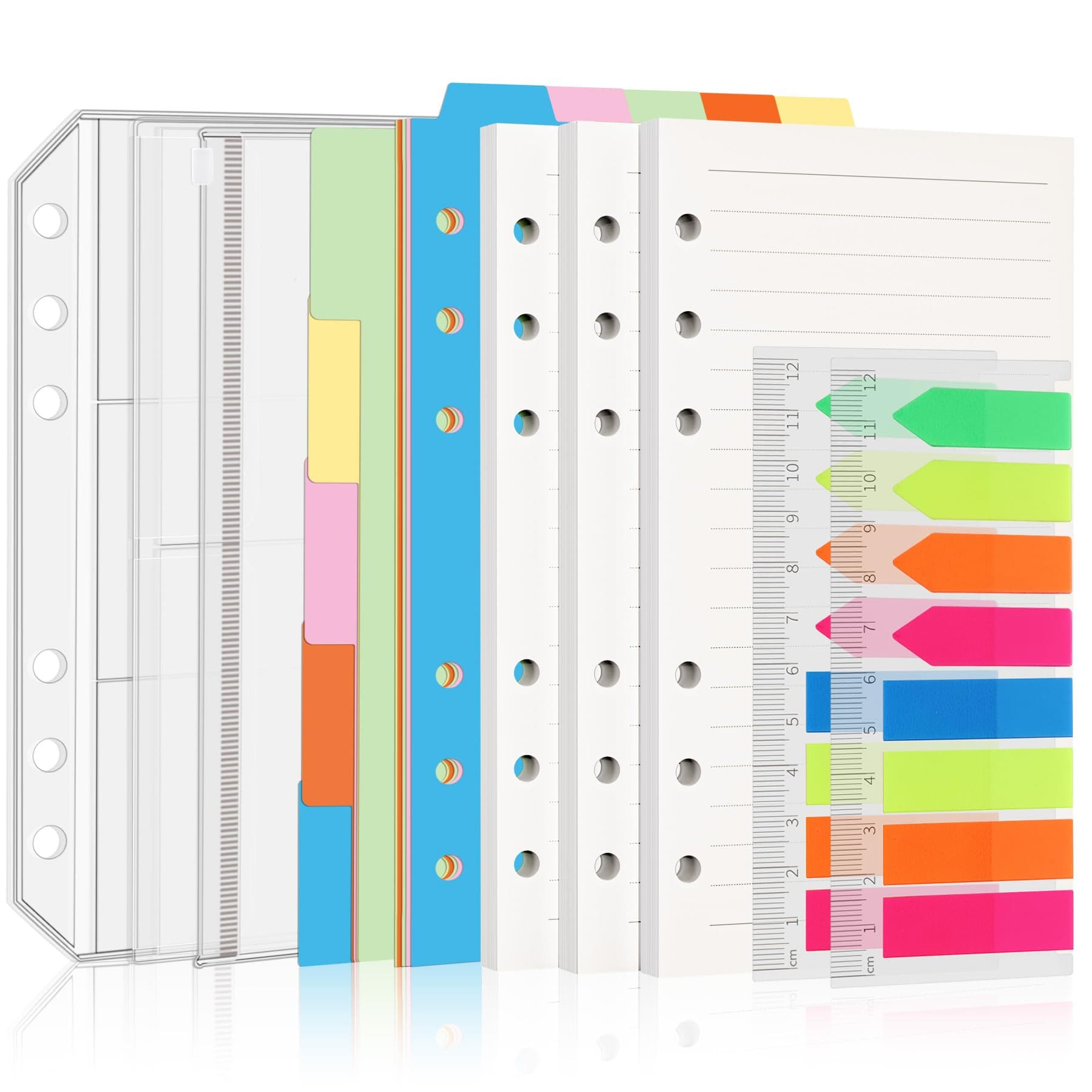 Antner A6 Refill Paper Planner Inserts for A6 6 Ring Notebook Binder, 135 Sheets Lined Filler Paper, 3 Binder Pockets & 10 Dividers & 160PCS Neon Sticky Tabs for Refillable Personal Planners Journals