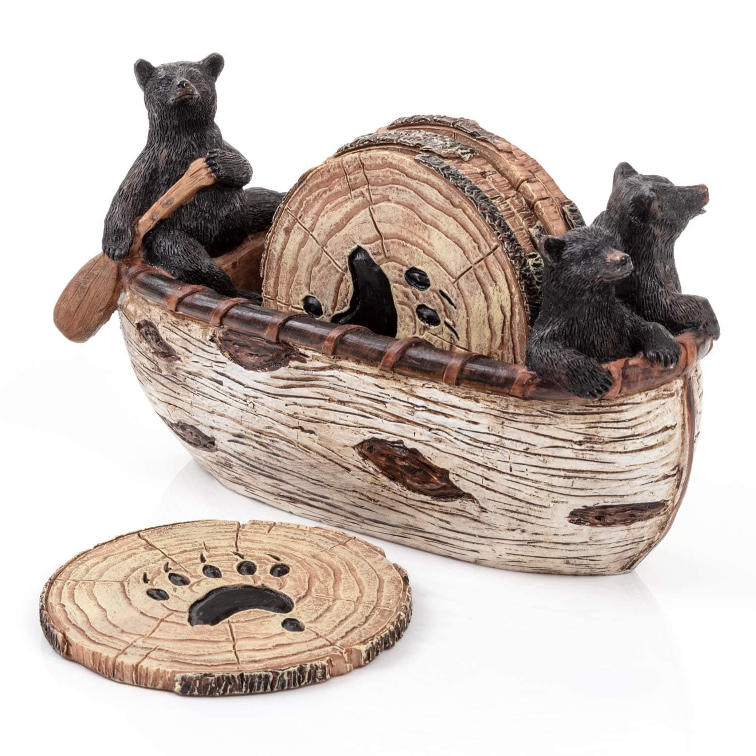Bear Coasters Set - 3 Adorable Handmade Black Bear Figurines Paddling in Canoe With 6 Full Size 3.5-inch Rustic Coasters - Log Cabin and Home Decor
