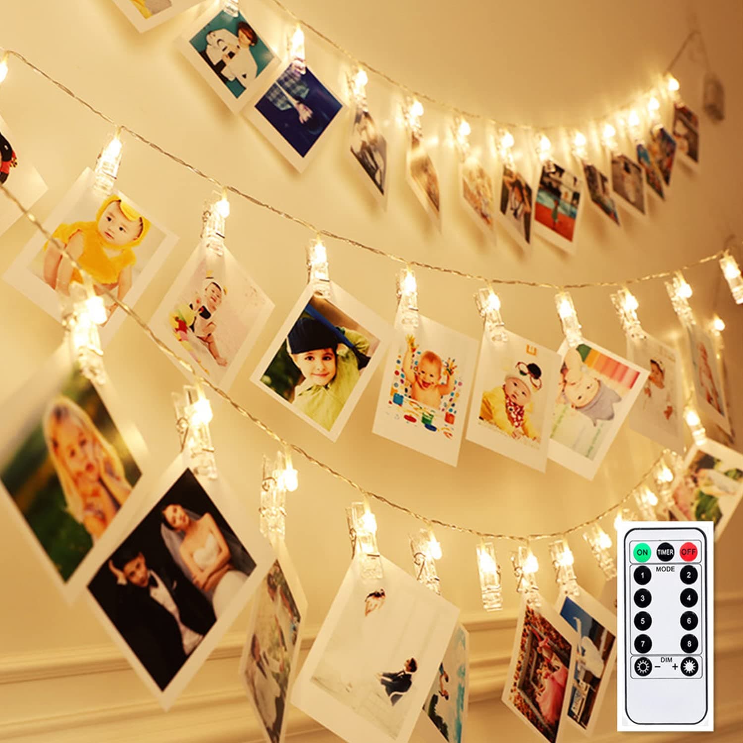 Dimmable 50 Battery-Powered Photo String Lights with Remote Control for Hanging Pictures, Cards, Memos - Warm White
