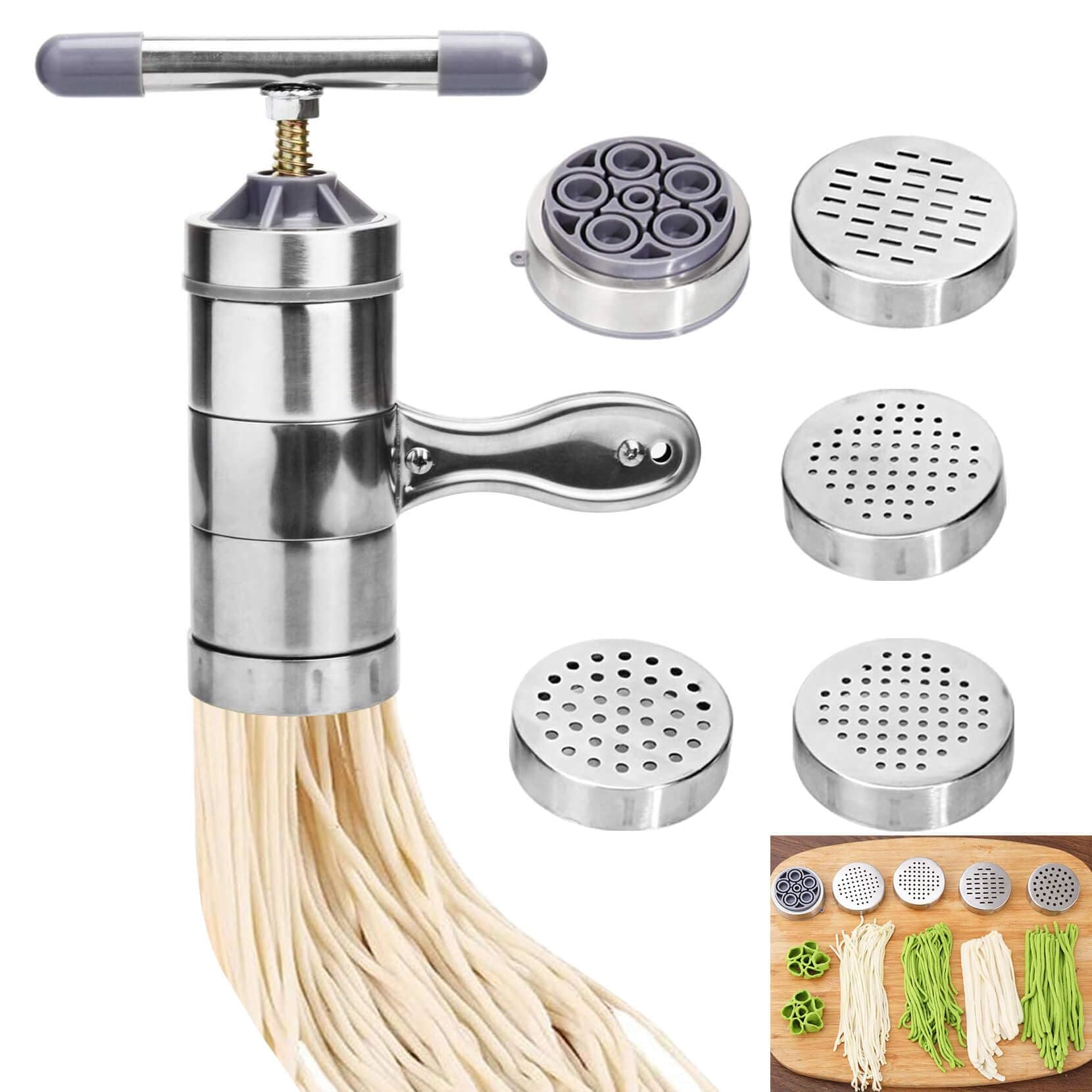 Stainless Steel Noodle Maker, Manual Pasta Machine Maker, Portable Press with 5 Dies, Fruits Juicer, Household Spaghetti Noodle Making Tools for Kitchen Aid Accessories