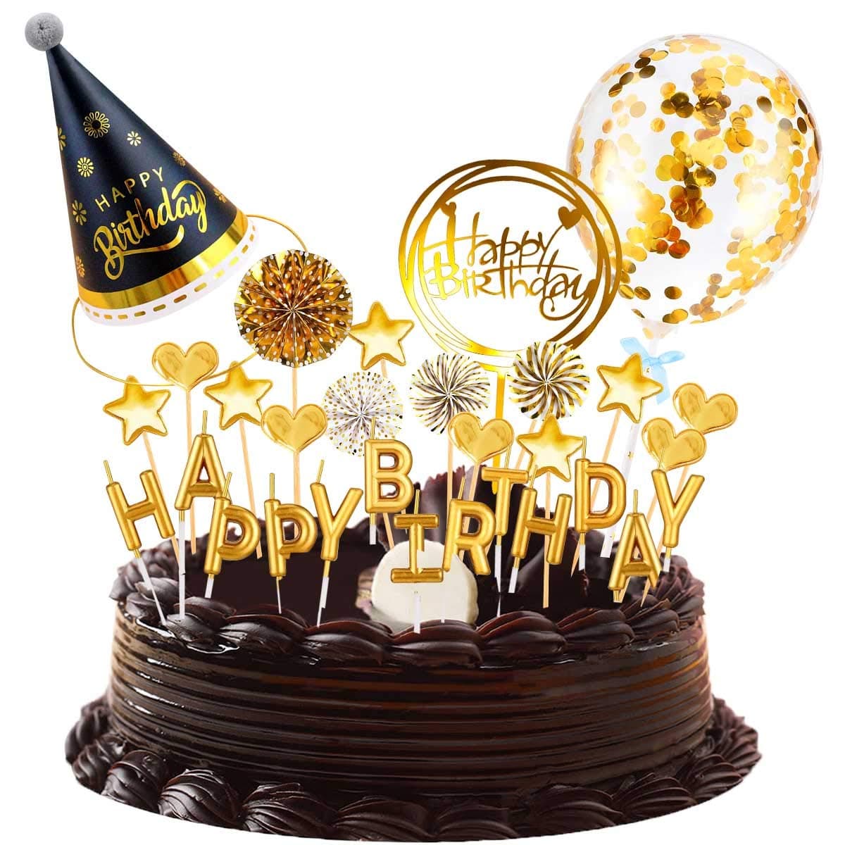 Birthday Cake Topper Set - Happy Cupcake Letters, Candles, Confetti, Balloon Stars, Hearts, Hat & Fan - Decoration Supplies (Gold)