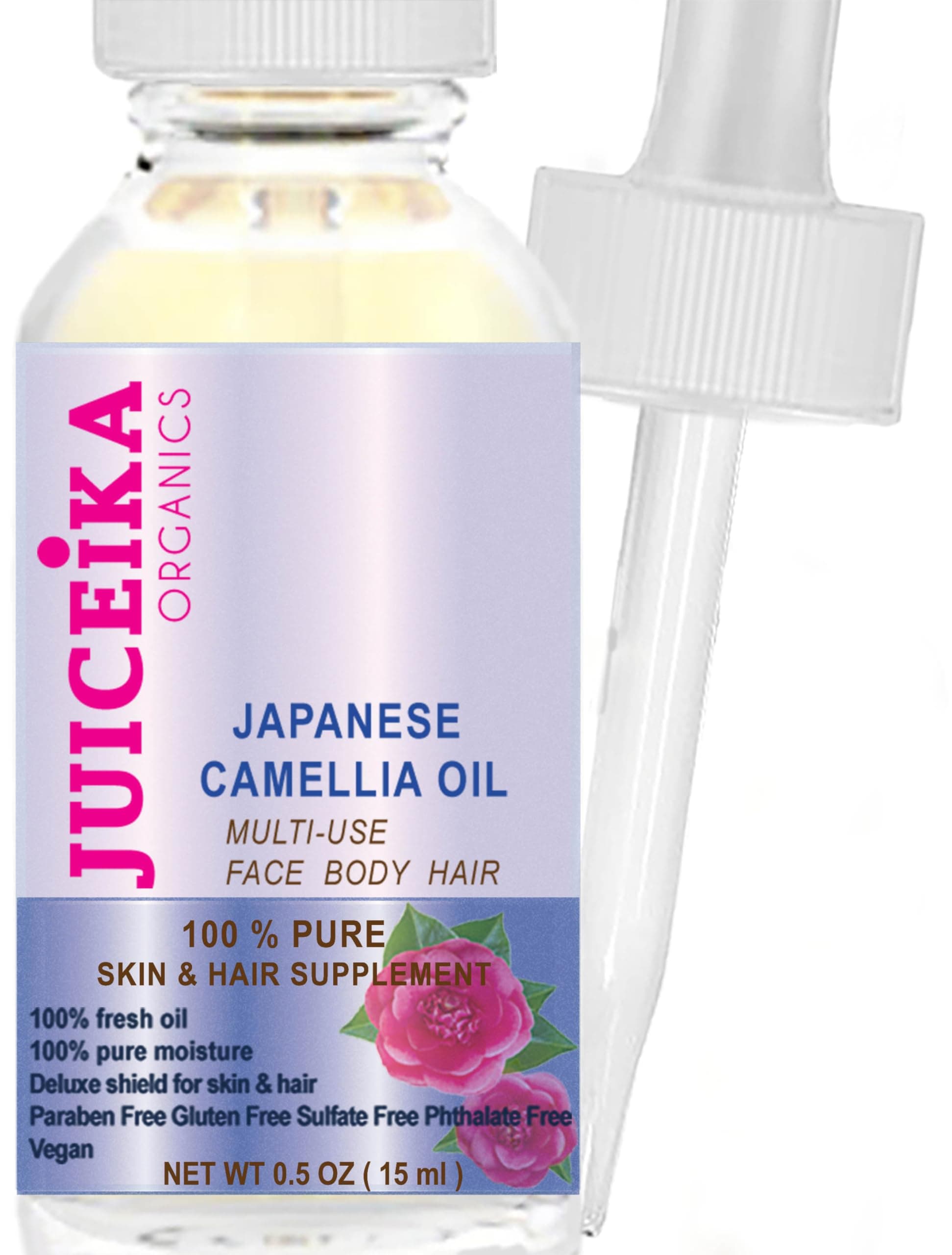 Japanese CAMELLIA OIL 100% PURE REFINED COLD PRESSED 100% Pure Moisture for FACE, BODY, HANDS, FEET, MASSAGE, NAILS HAIR LIP 0.5 Fl. oz. - 15 ml by Juiceika