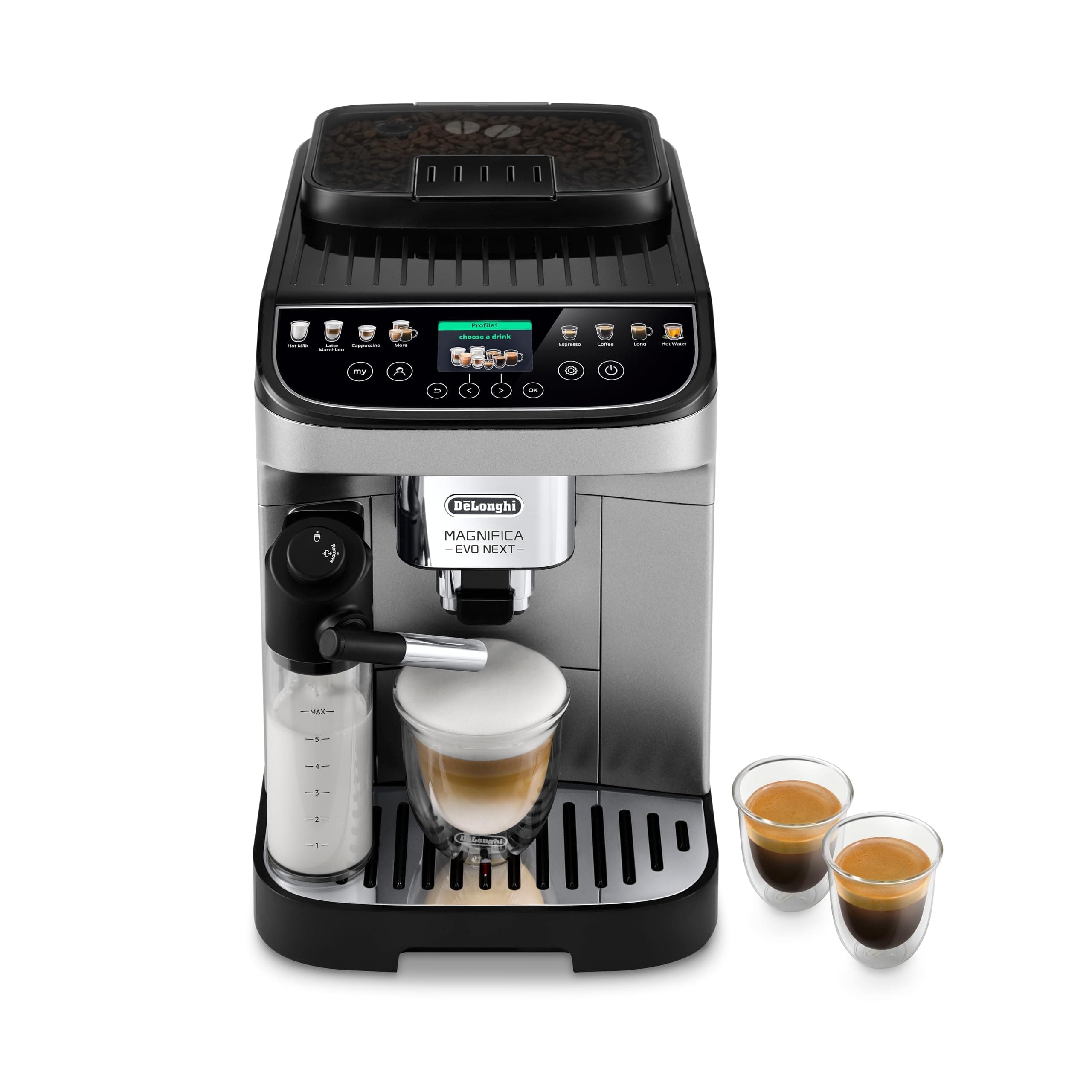 De'Longhi Magnifica Evo Next Fully Automatic Espresso Machine - Programmable Coffee Maker with Grinder and Milk Frother - Hot & Cold Brewer for Espresso, Latte, Cappuccino, Americano, Tea and More