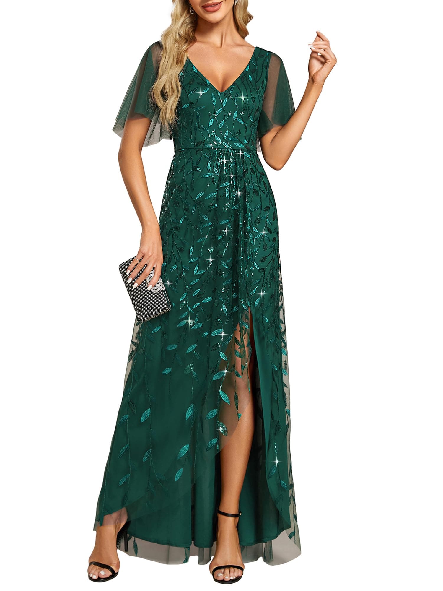 Women's Shimmery Formal Dress V Neck Sequins A-Line Side Slit Elegant Long Evening Dresses 02083