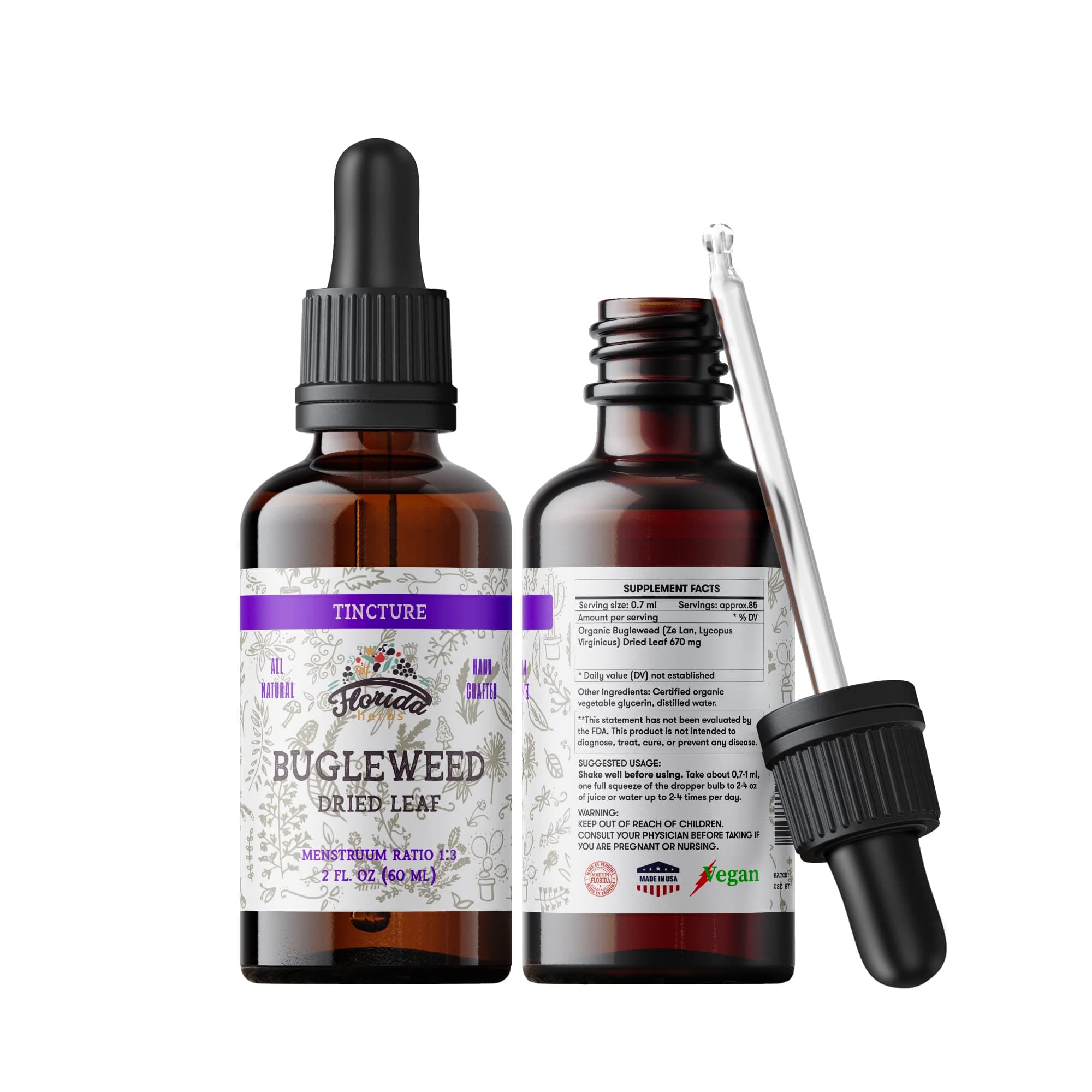Bugleweed Tincture, Organic Bugleweed Extract (Ze LAN, Lycopus Virginicus) Herbal Supplement, Non-GMO in Cold-Pressed Organic Vegetable Glycerin 700 mg, 2 oz (60 ml)