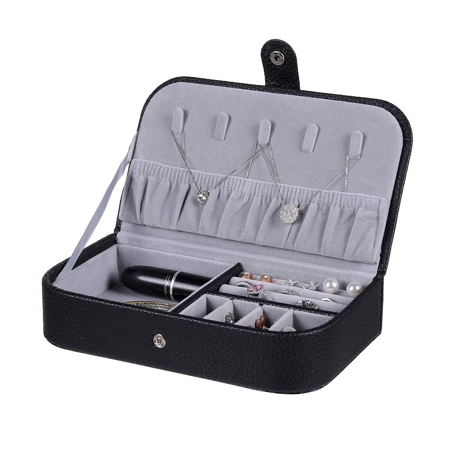 homing Small Travel Jewelry Organizer Box for Women, Portable Organizer Display Storage Case with Snap Closure for Earring Bracelet Ring Necklace, Black