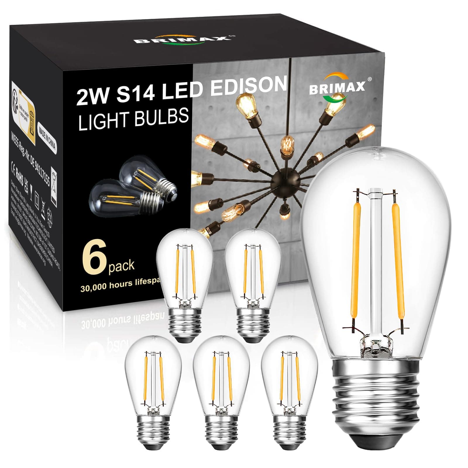 6 Pack 2W LED Light Bulbs,Equivalent to 15W-20W,Low Watt Small S14 Replacement Bulbs for Outdoor String Lights and Sputnik Chandelier,Shatterproof,120V,2700K,E26 Base (3.35″ H × 1.77″ W)