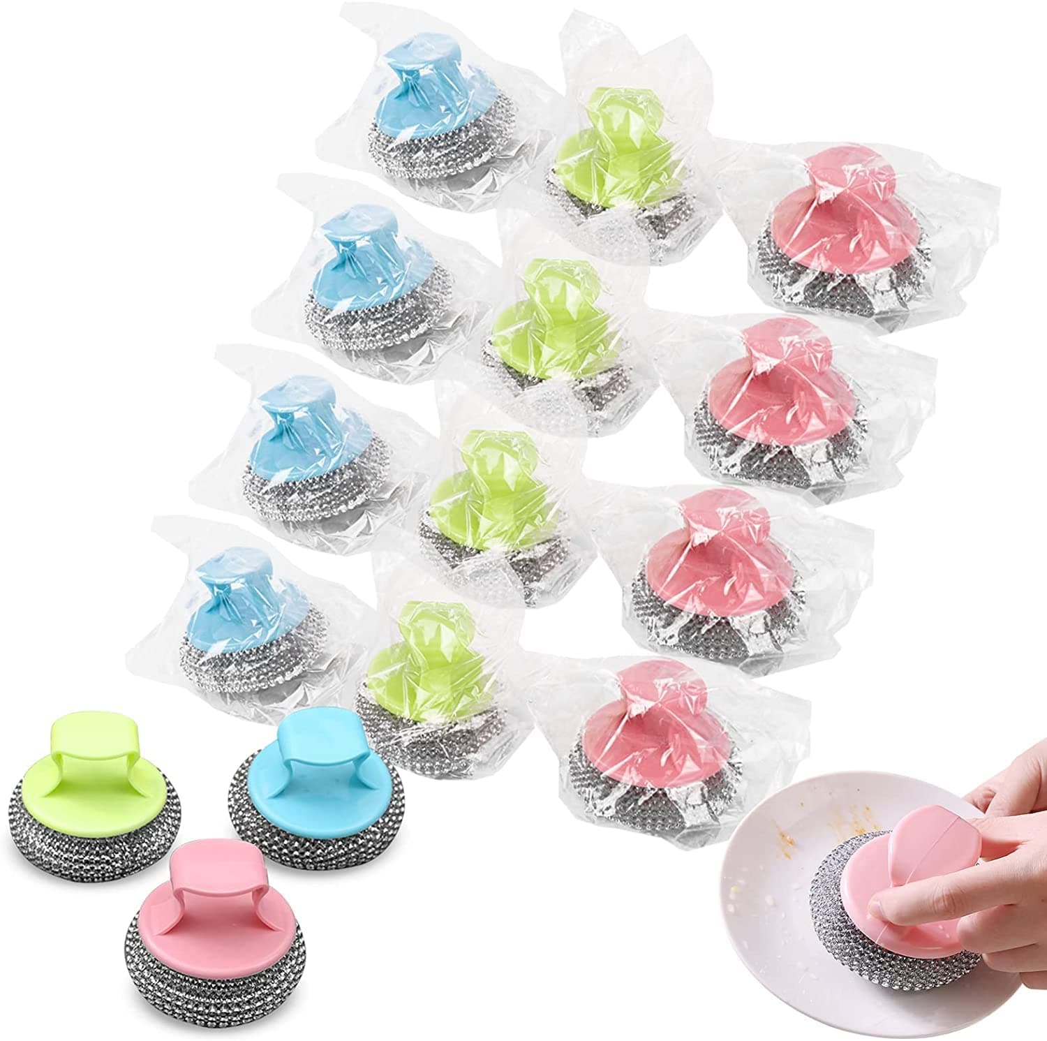 Steel Wool Scrubbers, Cleaning Sponges Metal Wire Scourer Sponge, Stainless Steel Heavy Duty Scouring Pad With Handle for Kitchen Cleaner Dishes, Pots Oven And Cooker-Random Color (12pcs)