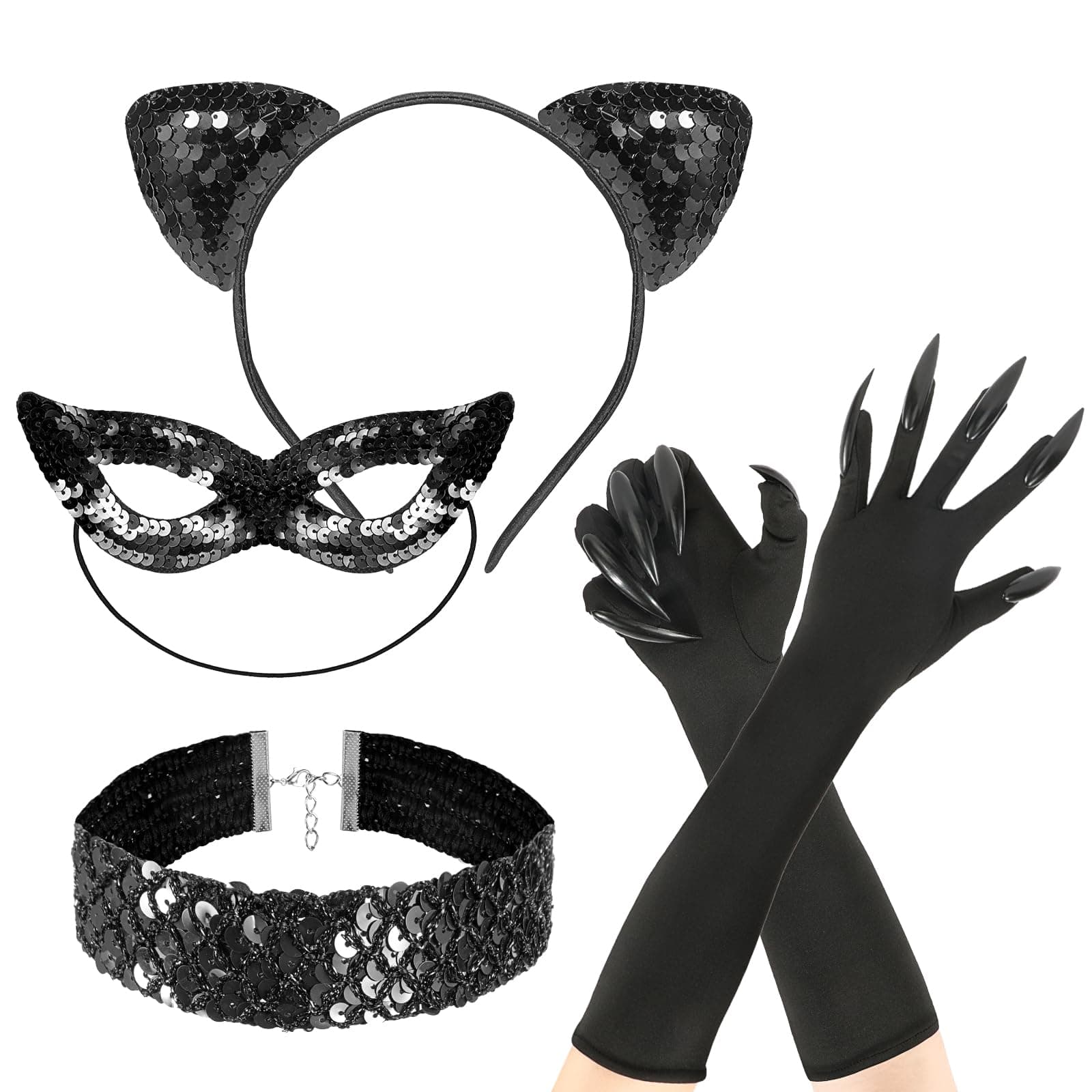 Hifot Black Cat Costume for Women Cat Ear Headband Sequins Masquerade Mask Choker Necklace Cat Claw Gloves Catwoman Costume Accessories for Women Fancy Dress