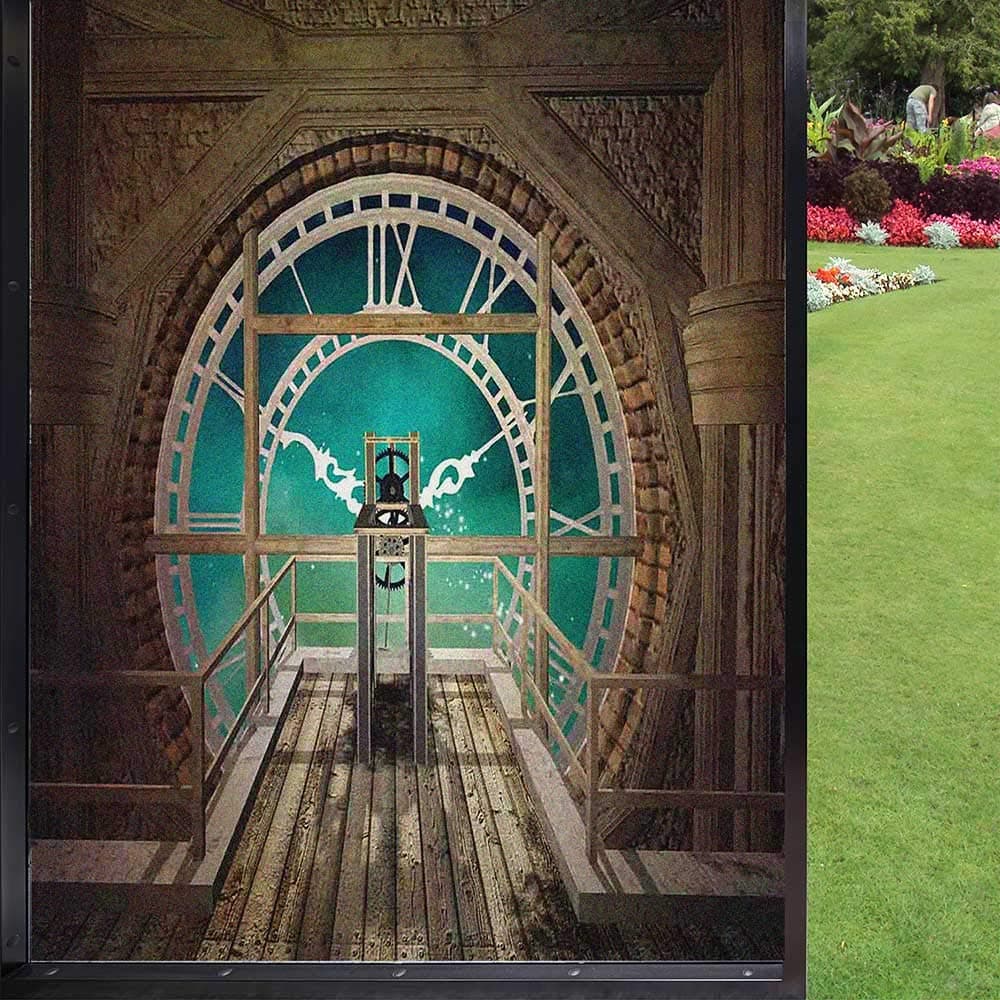 Steampunk Window Film Window Privacy Film,Fantasy Background Print of Inside View of Clock Tower Wooden Mezzanine Window clings for Privacy for Bathroom Office Living Room,Pale Brown Turquoise