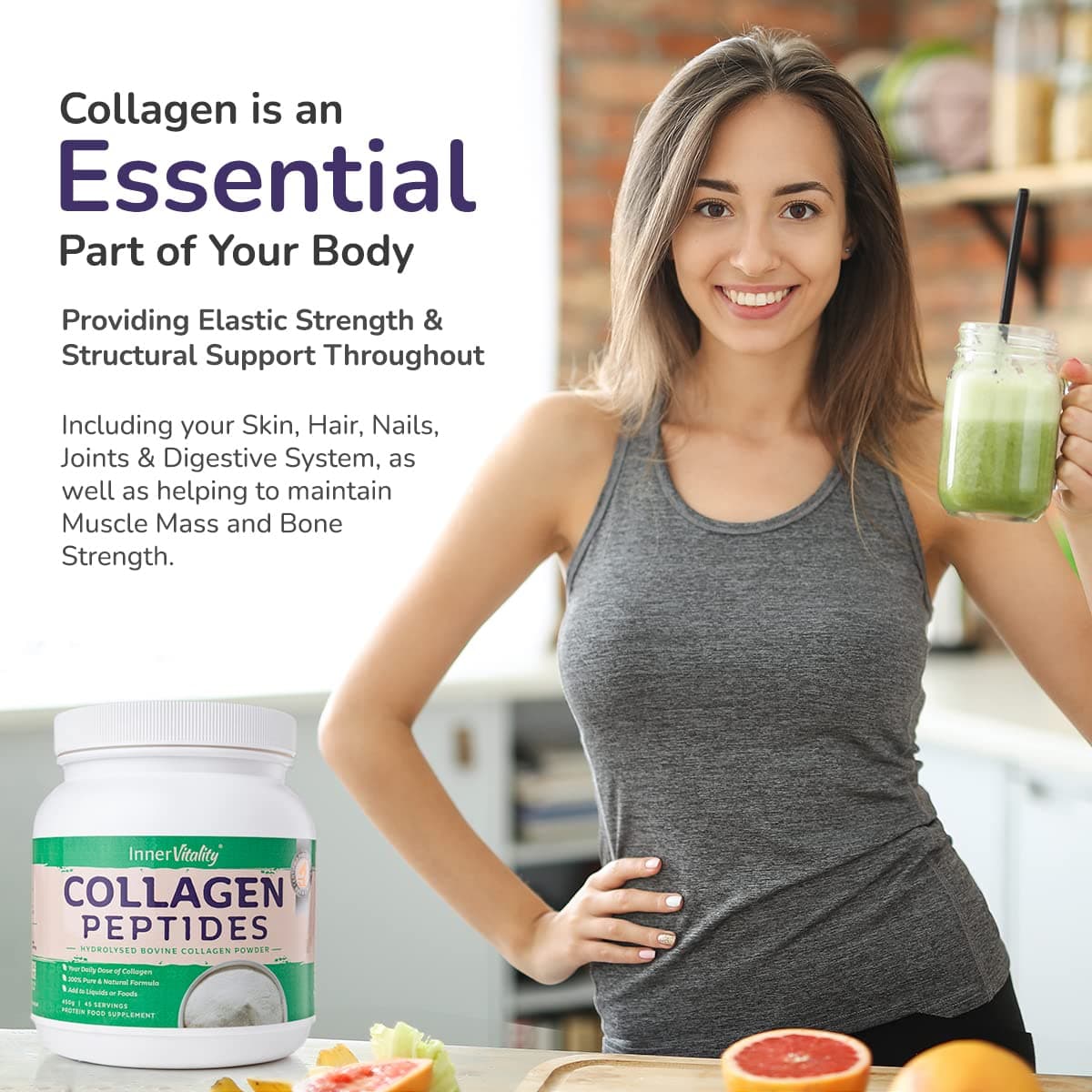 Collagen Peptides Powder – 100% Pure Hydrolysed Bovine Collagen – 450g Fast Absorbing Premium Collagen Supplement (45 Servings) with Essential Amino Acids - Made in The UK by Inner Vitality