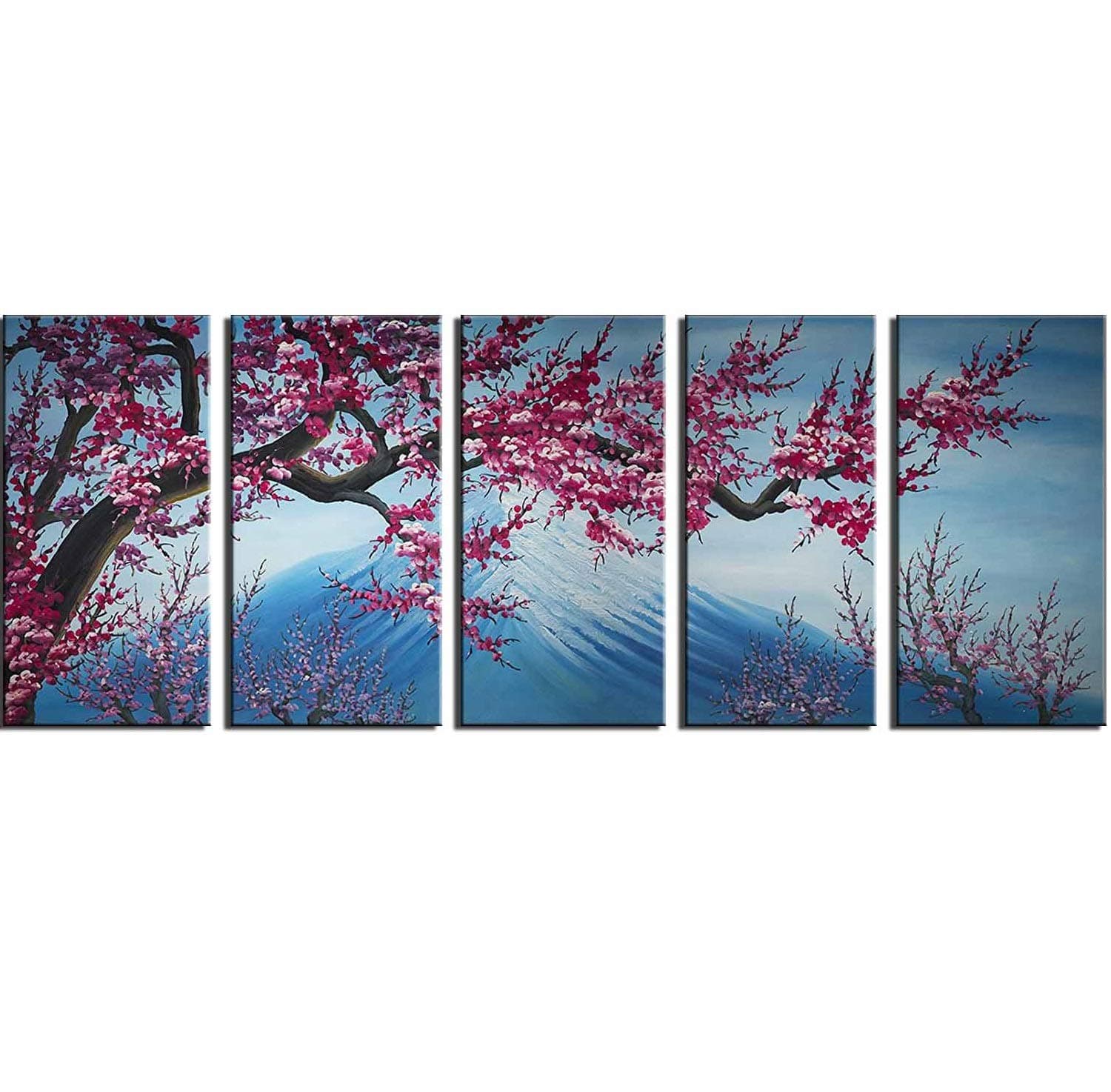5 Panels Handmade Plum and Fuji Mountain Oil Painting Wall Decor Hanging, Canvas Artwork Framed on Wood Perfect Fengshui Decal for Living Room (Plum18, [L]: 12x20inchx5pcs)