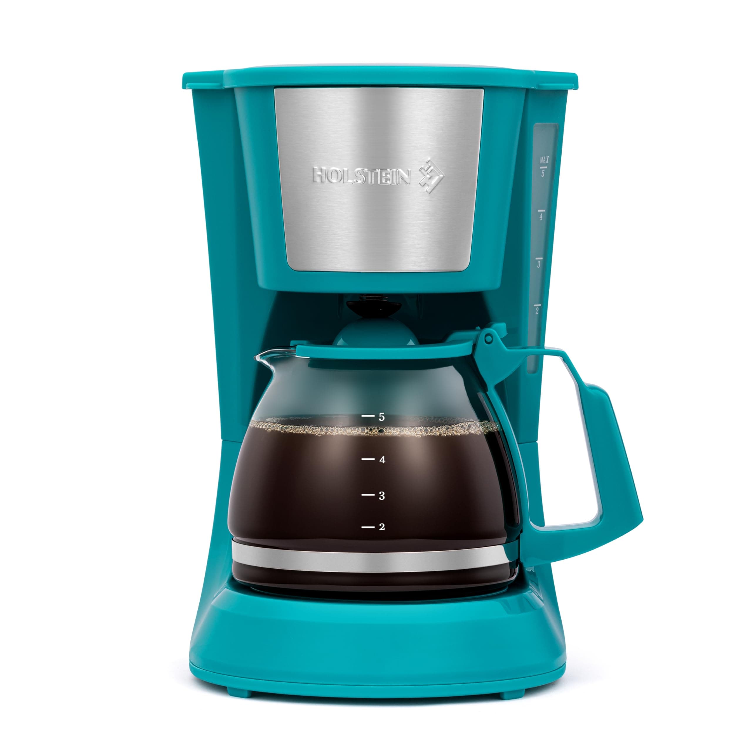 5 Cup Drip Coffee Maker – Compact and User-Friendly with Auto Pause & Serve, Reusable Filter, Measuring Spoon & Glass Carafe, Office & Dorm Use, Teal