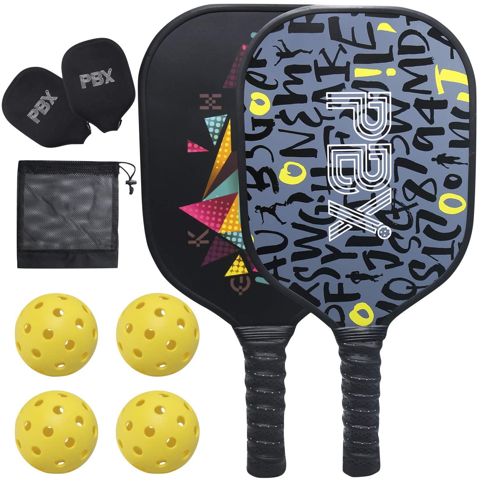Pickleball Paddles Set of 2 by PBX | Premium Graphite Pickleball Paddle | Pickle Ball Raquette Set with 4 Pickleball Balls | Protection Case for Pickleball Set - Indoor/Outdoor Pickleball Rackets