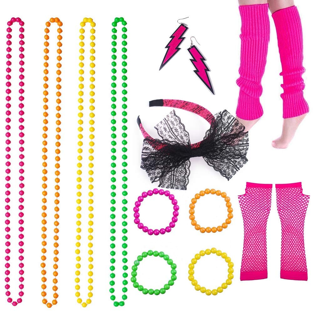 80s Fancy Dress Accessories Neon Necklace Bracelet Earrings Fishnet Gloves Leg Warmers Headband