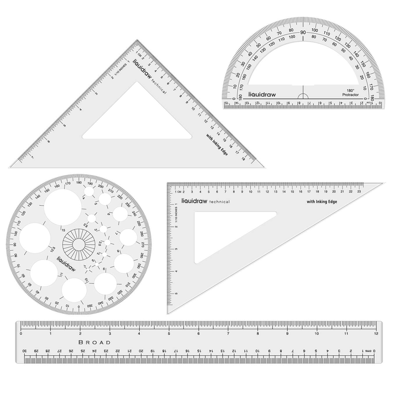 Geometry Set - 5 Piece | 2 x Set Square Triangle Ruler, Semi Circle Protractor, Circle Protractor, 12" Ruler | Professional Quality | Work or School Supplies | Mm & Inch Markings | Clear