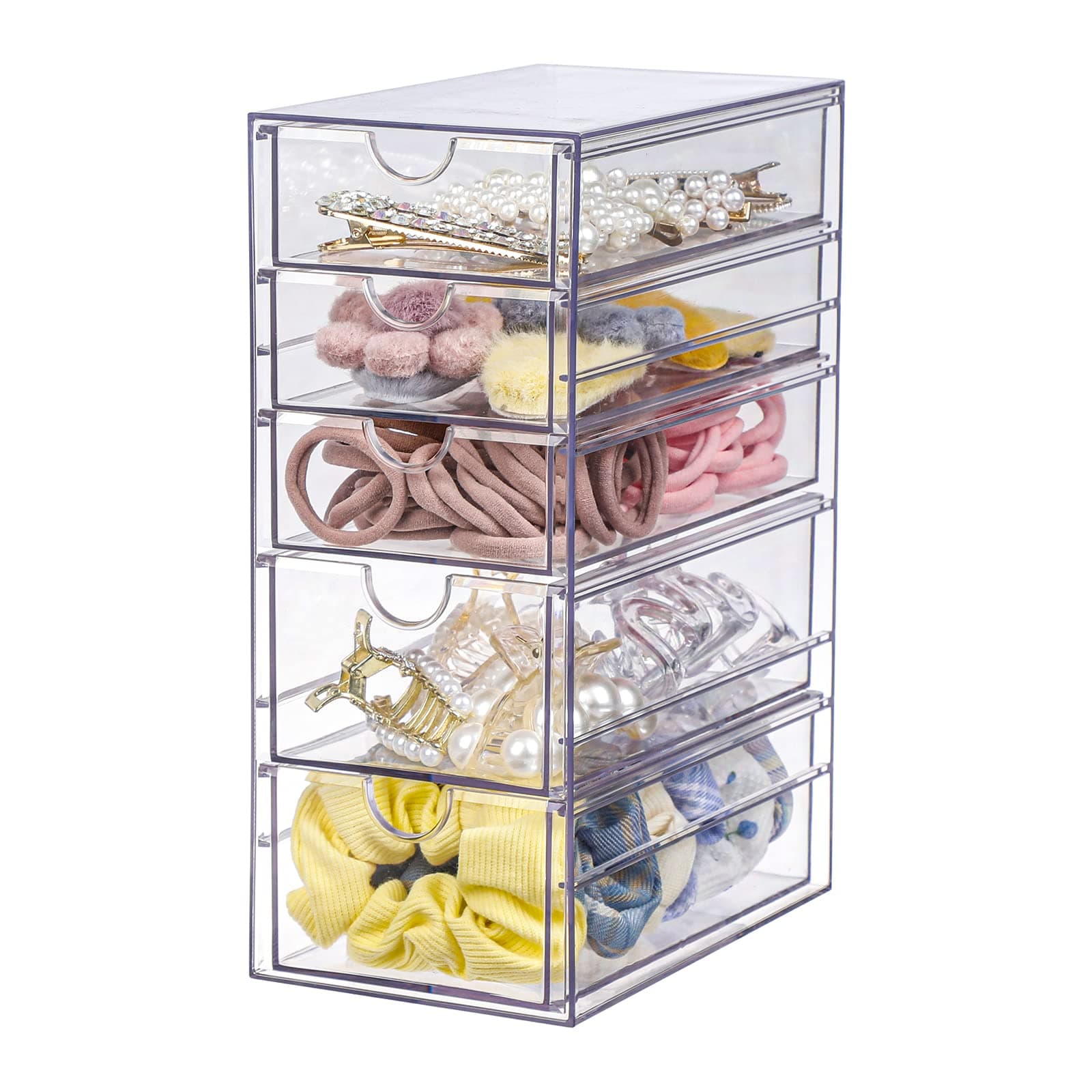 FABROK Clear Hair Accessory Organizer Box with 5 Drawers, Compact Storage Organization Drawers Set for Cosmetics, Glasses, Stationery, Stackable Storage Containers Box for Bathroom, Closet, Office