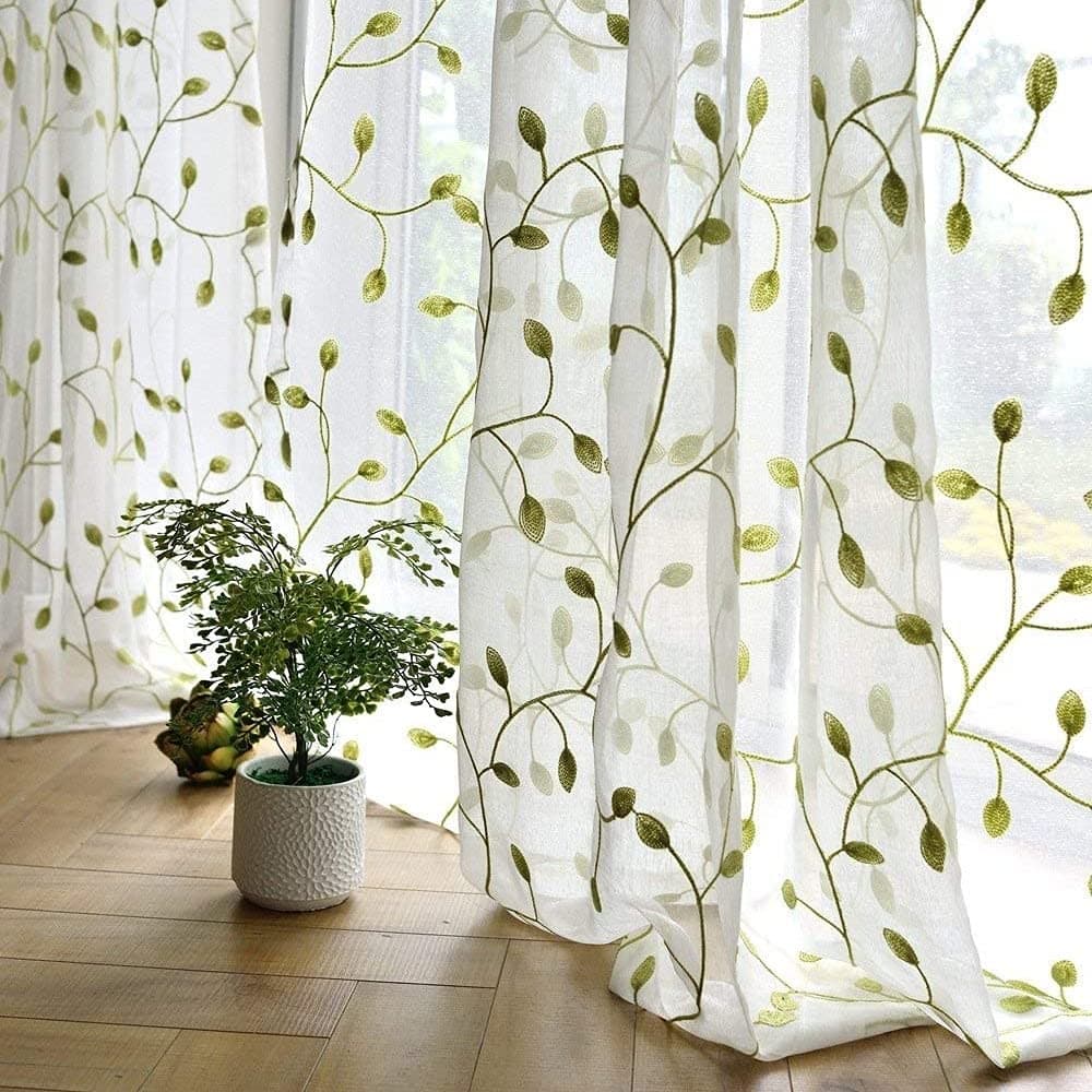 Home Decor Ivy Leaf Embroidered Rod Pocket Sheer Curtain for Bedroom Window Crushed Tulle Drape (1 Panel, Green Leaf White Sheer, 54 inch Wide x 84 inch Long)