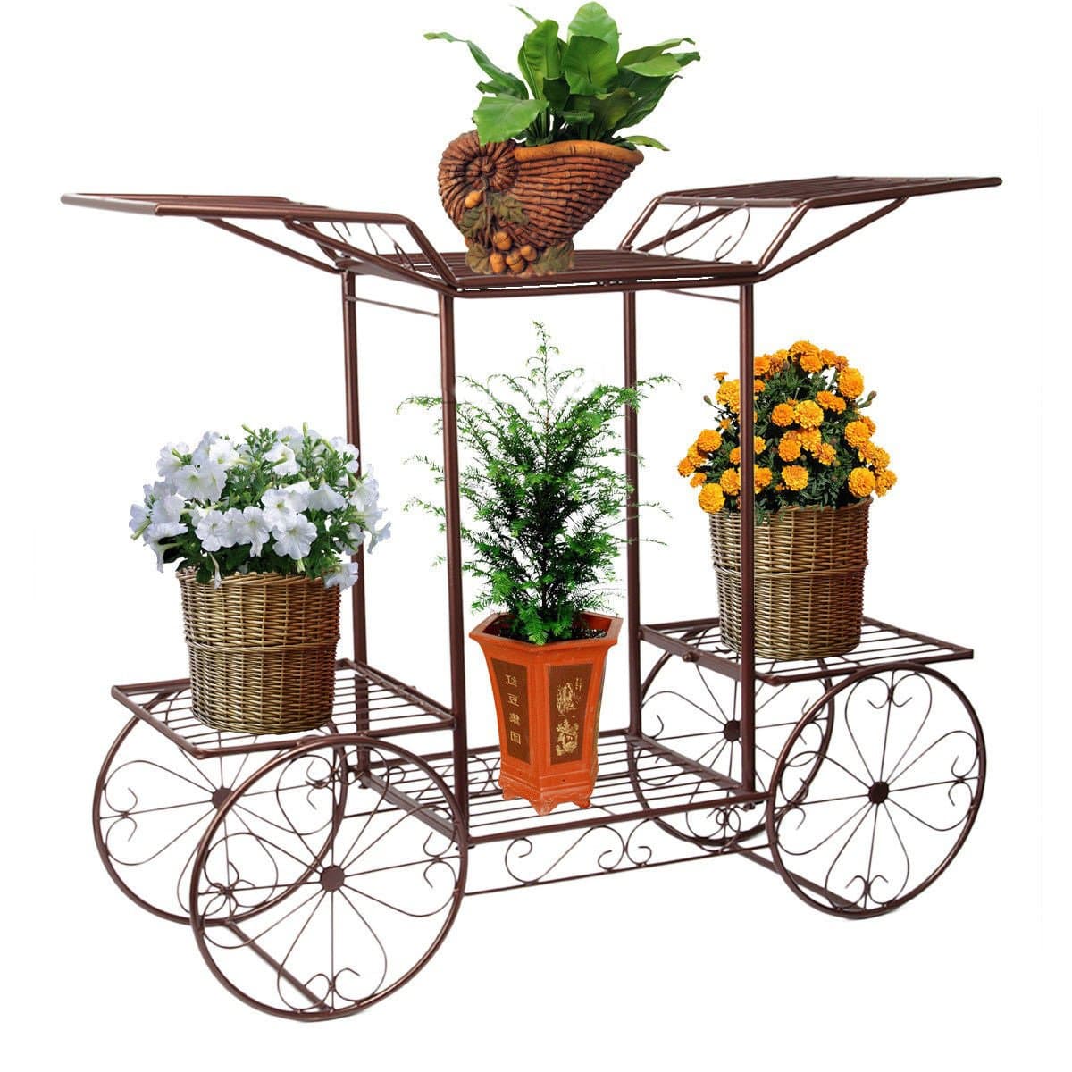Brown, 4-Wheeler Metal Flower Rack Display Plant Stand with 6 Pots Holder Home&Garden