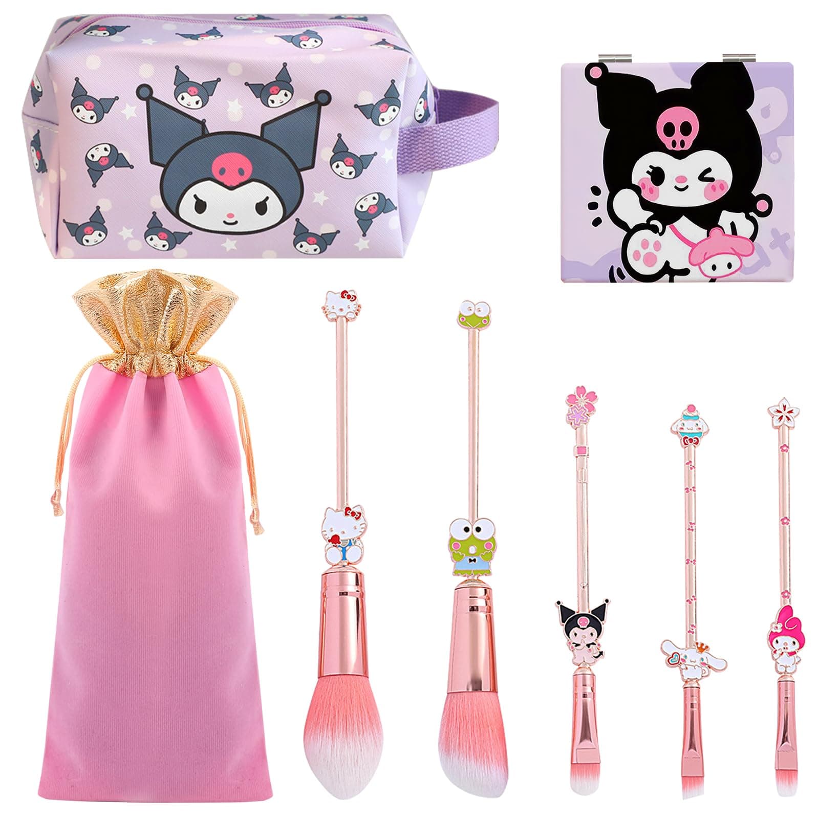 MprocenCartoon Cosmetic Bag Set With 5PCS Makeup Brush, Cute Mirror, Portable Kawaii Travel Set, Gifts for Girls and Women
