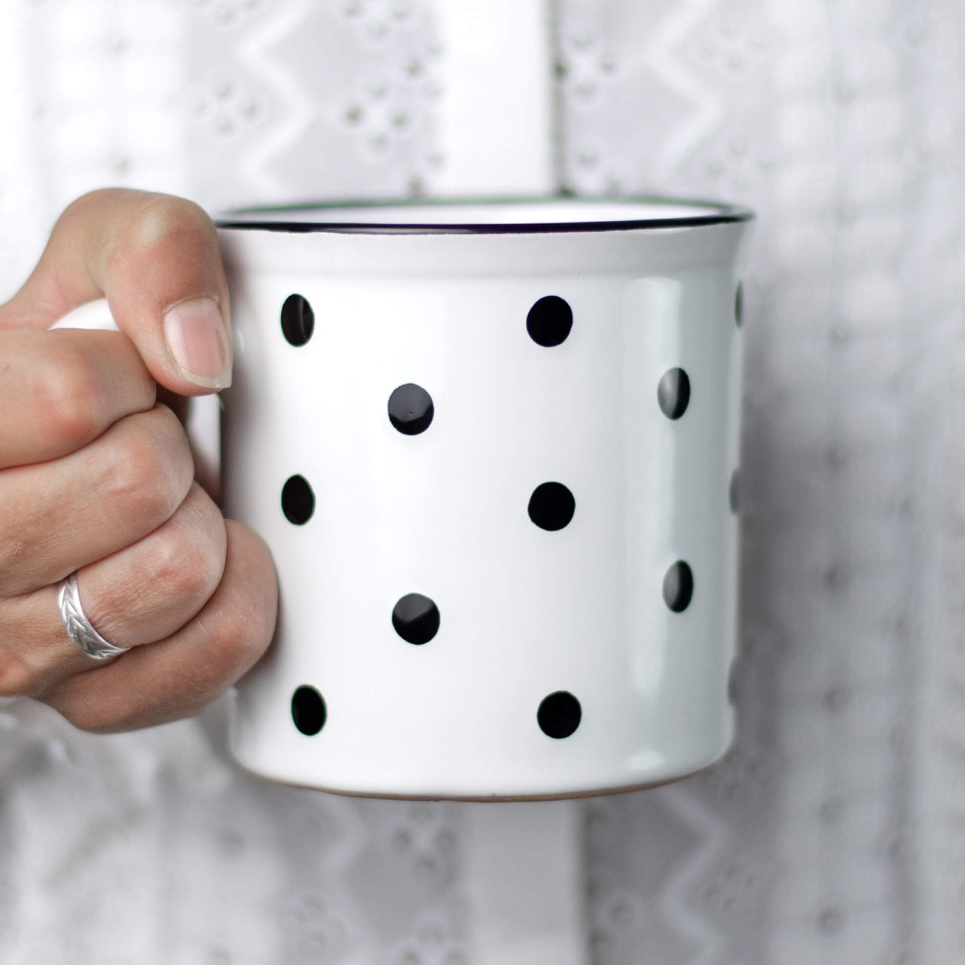 City to Cottage Handmade White And Black Polka Dot Ceramic Extra Large 17.5oz/500ml | Hot Chocolate, Coffee, Tea Mug, Cup with Handle Unique Designer Pottery for Tea Lovers