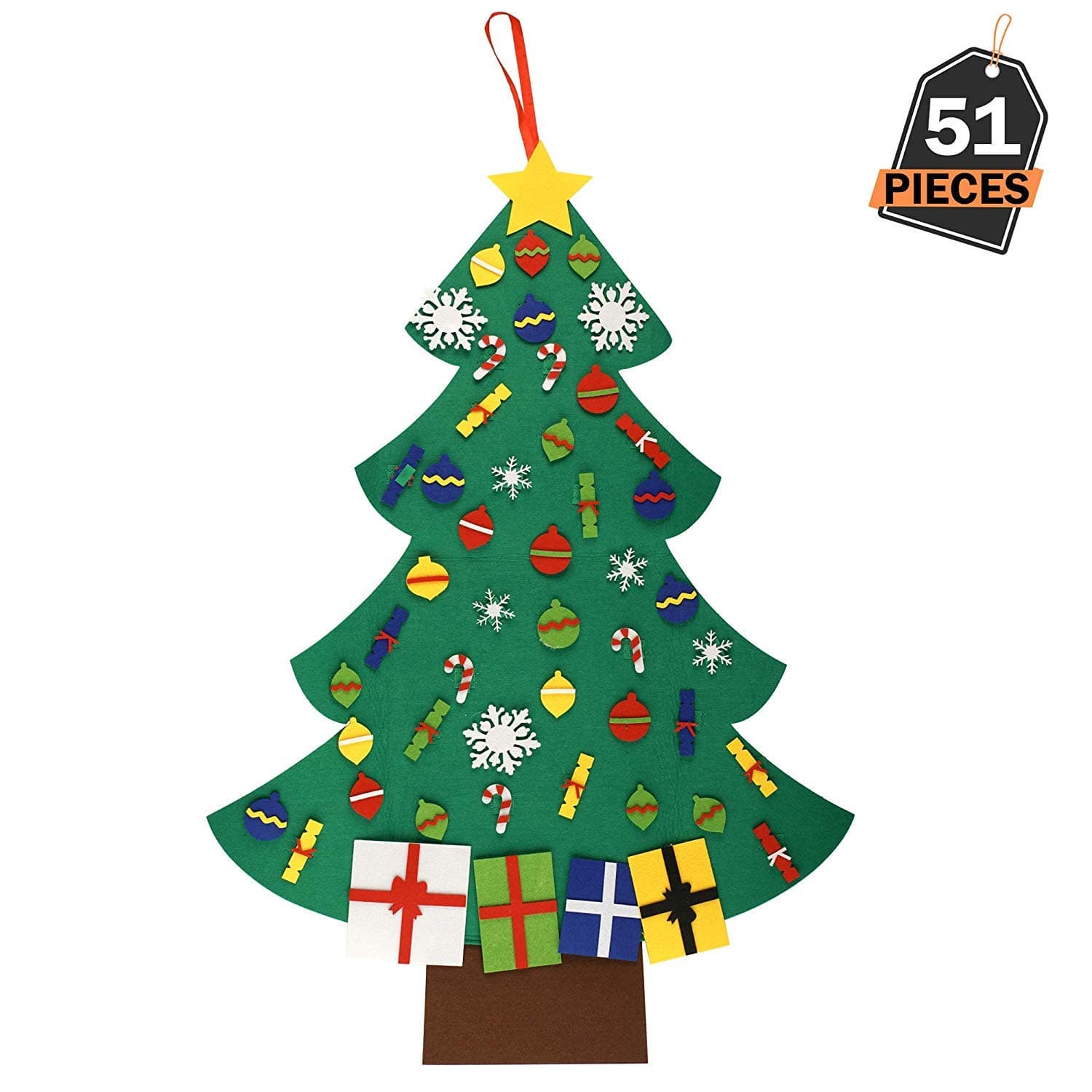 Kompanion 51 Piece Felt Christmas Tree Decoration, Detachable Glitter Ornaments, Reusable and Easy to Hang and Decorate, Perfect for Kids