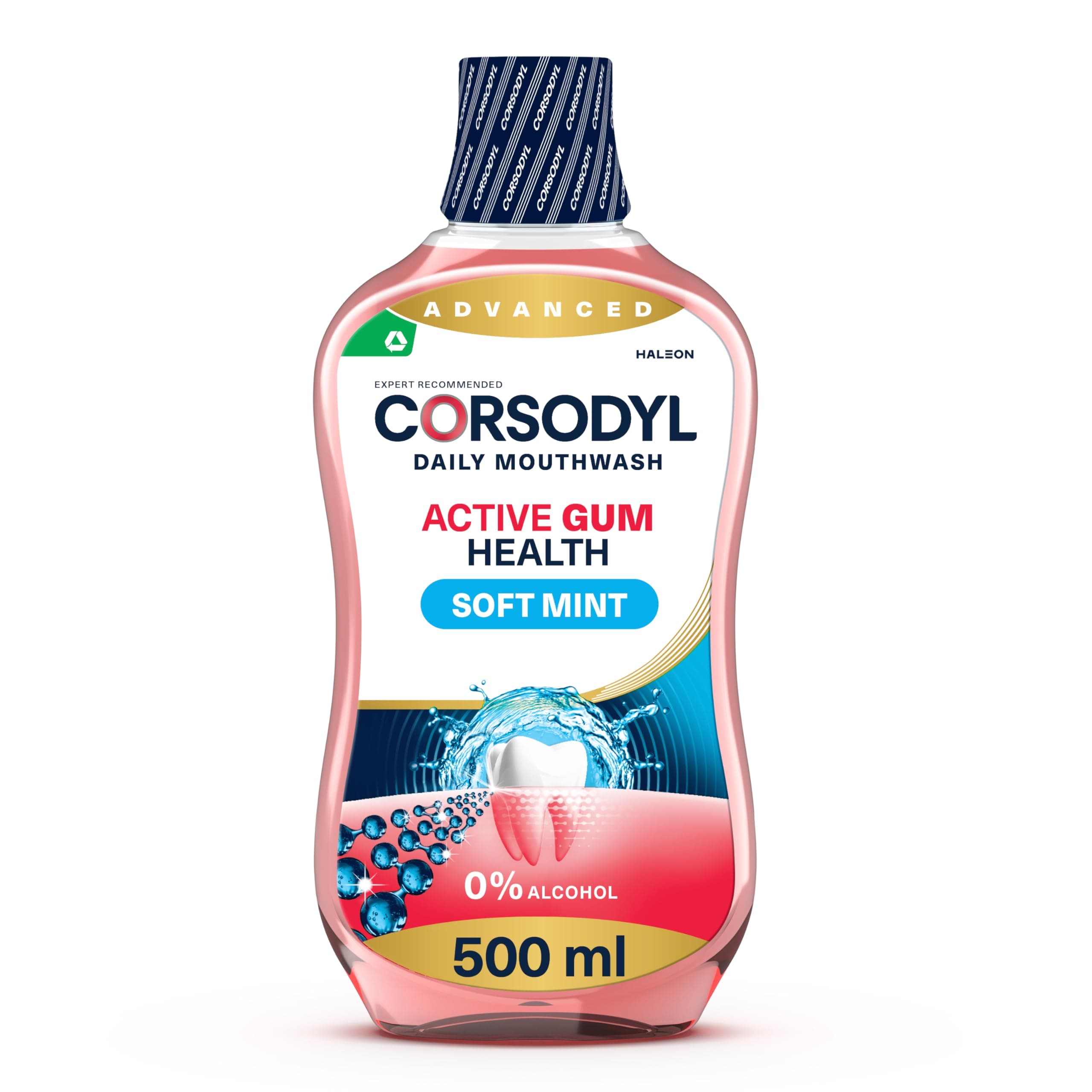 Corsodyl Mouthwash Daily Active Gum Health, Fluoride Mouthwash, Alcohol Free, Soft Mint, 500ml