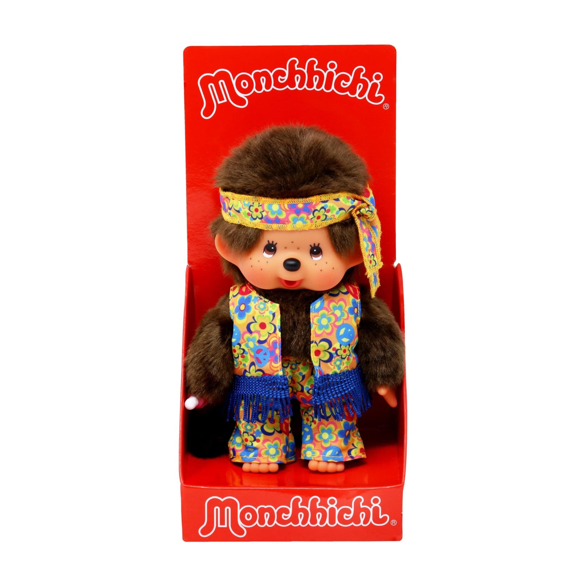 252886 Original Monchhichi Boy Flower Power in Orange, Yellow and Blue, Approx. 20 cm Large Cuddly Toy Made of Brown Plush