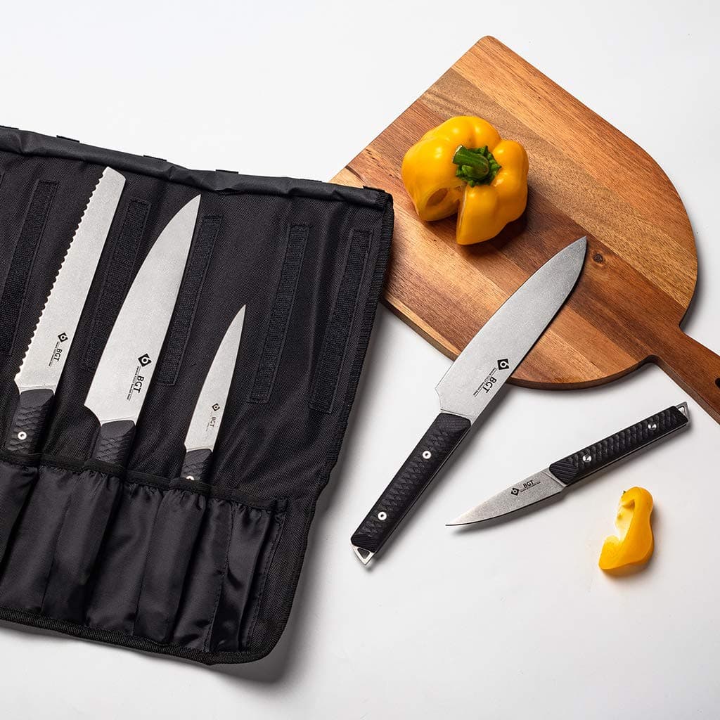 BGT Knife Set, 5pcs Stainless Steel Kitchen Knives, Swedish Sandvik 12C27, Stonewash, G10 Handle Professional Chef Knife Set with Knife Roll Bag