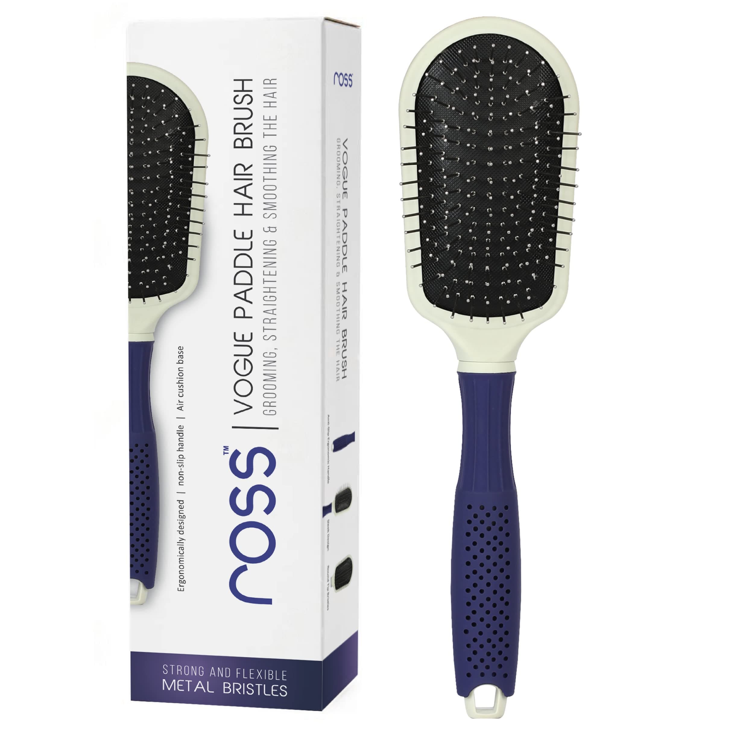 Ross Steel Bristle Paddle Hair Brush | Ball-Tipped Metal Pins with Cushioned Base for Deep Detangling, Frizz Control & Scalp Massage | Suitable for Thick, Curly & Frizzy Hair, Men & Women (Blue)