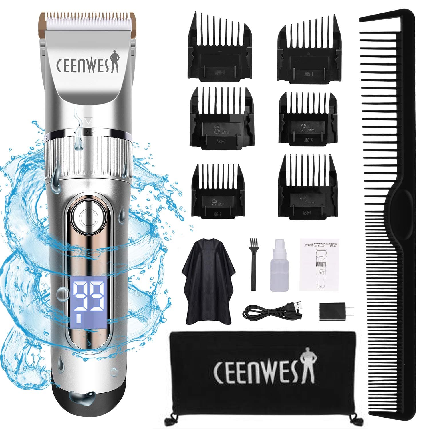 CeenwesProfessional Hair Clippers Cordless Hair Trimmer Low Noise Hair Cutting Kit Beard Trimmer IPX7 Waterproof Body Hair Removal Machine with LED Display Hairdressing Cape and Travel Bag