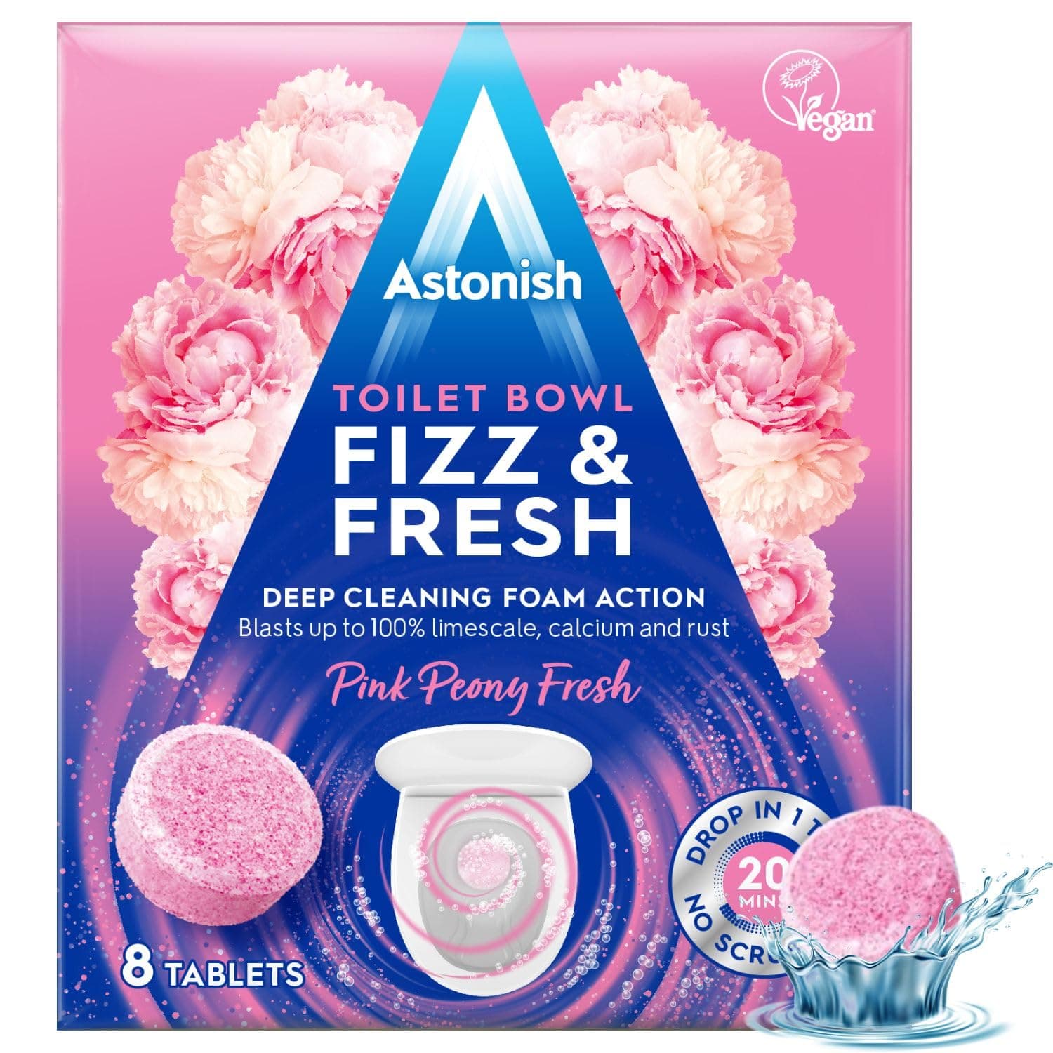Astonish Foaming Pink Peony Toilet Bowl Cleaner - Deep Cleaning Limescale, Calcium & Rust - No Bottle, Removes Hard Stains - Box of 8 Tablets
