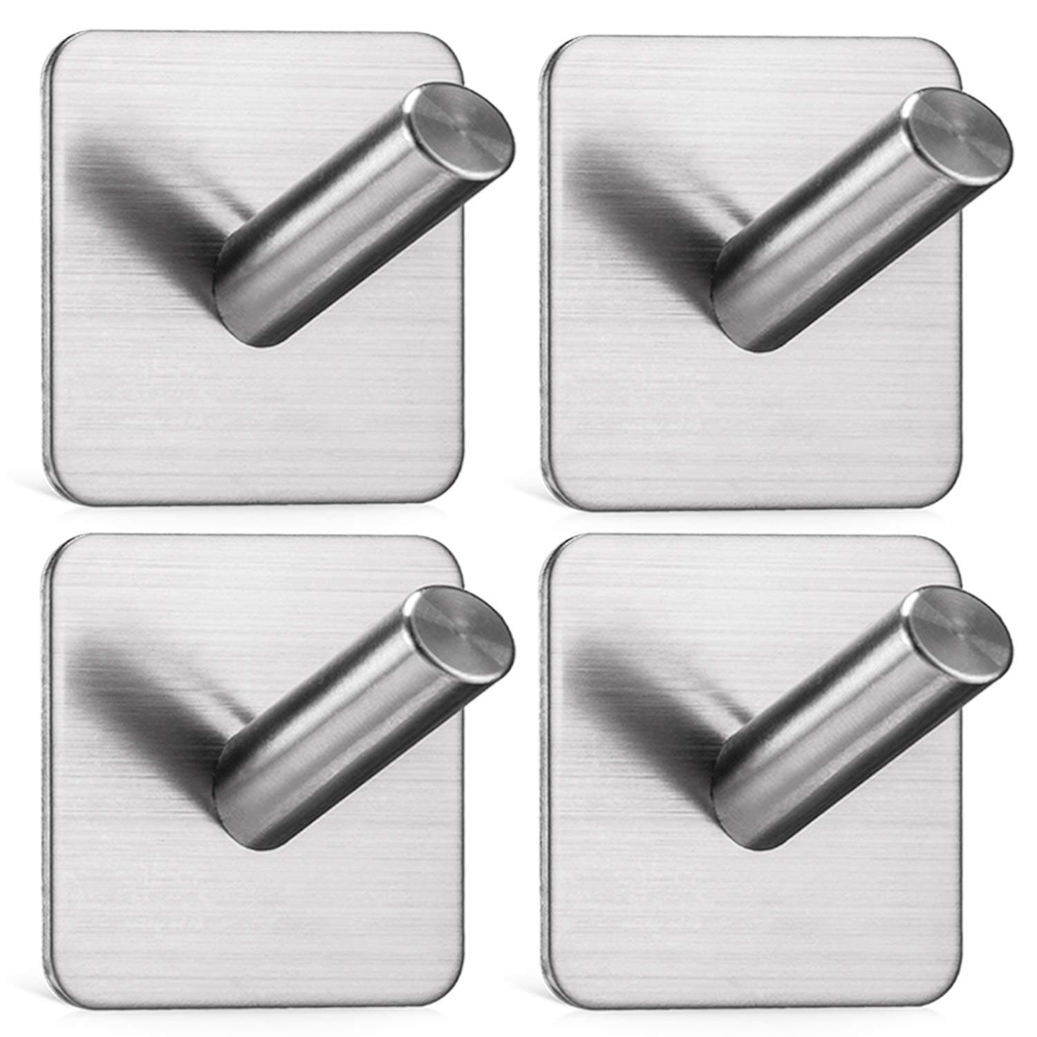 Adhesive Wall Hooks Heavy Duty Hooks for Hanging Wall Hangers Stick on Shower Home Bathroom Kitchen Door Ideal for Robes, Umbrellas, Clothes, Bags, Coats, Keys - Stainless Steel - 4 Packs