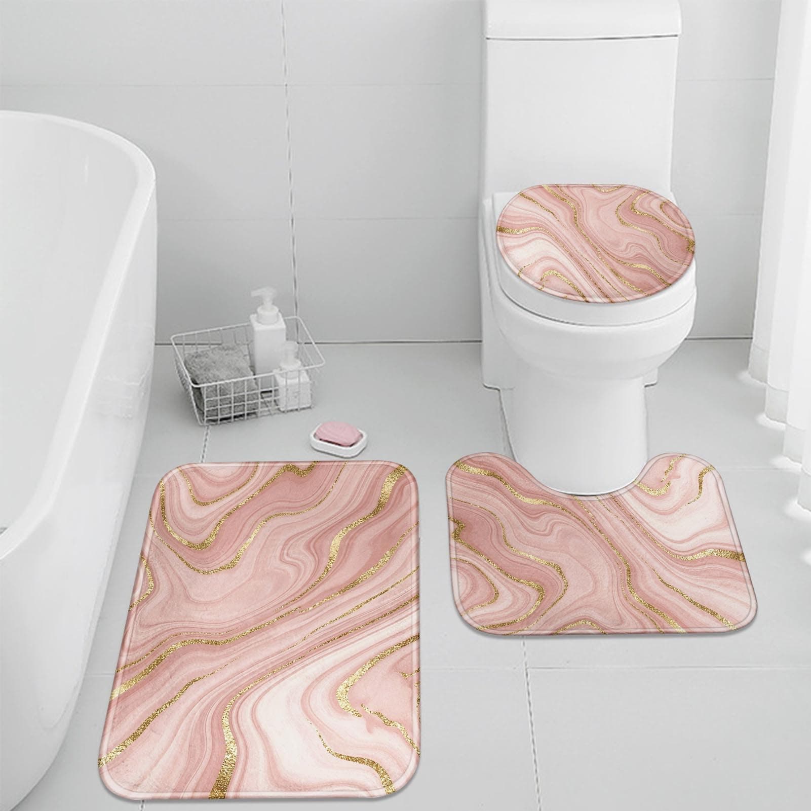 Britimes Pink Marble Bathroom Rug Set of 3, Gold Rose 3 Pieces Bath Mats Set, Vintage Style Peach Blush Non-Slip Washable Cover Floor Rug Decorations for Kitchen Bathroom Bedroom