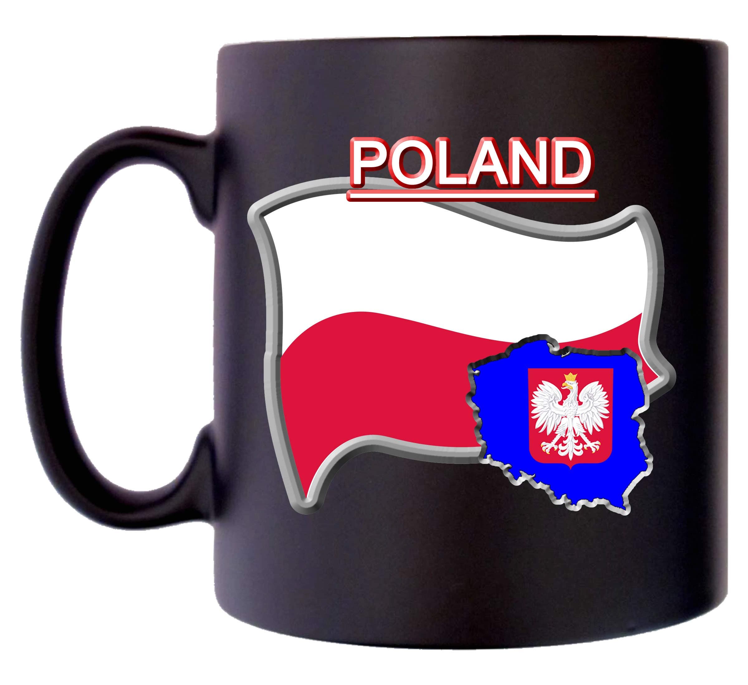 Klassek Poland Flag Polish Map Mug Coffee Tea 10oz Black Satin Coat of Arms COA Polska Crest Symbol