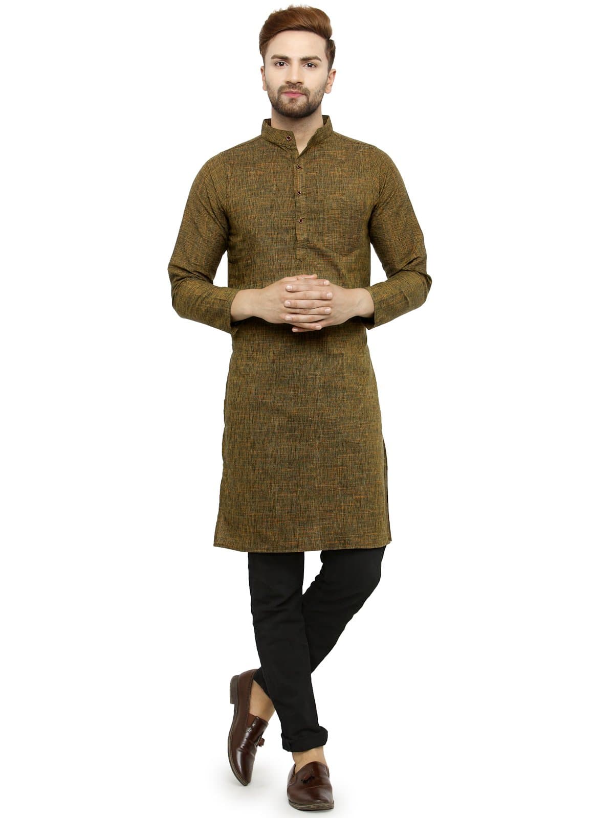 Enchanted DrapesMens' Solid Cotton Long Kurta_Mehandi