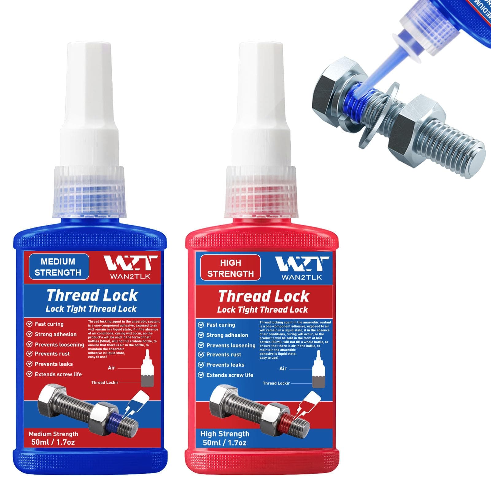 2Pack 50ml Locktight Threadlock Blue and Red, Thread Lock Medium and High Strength Lock Tight for Nuts, Bolts, Fasteners and Metals, Prevent Loosening and Corrosion