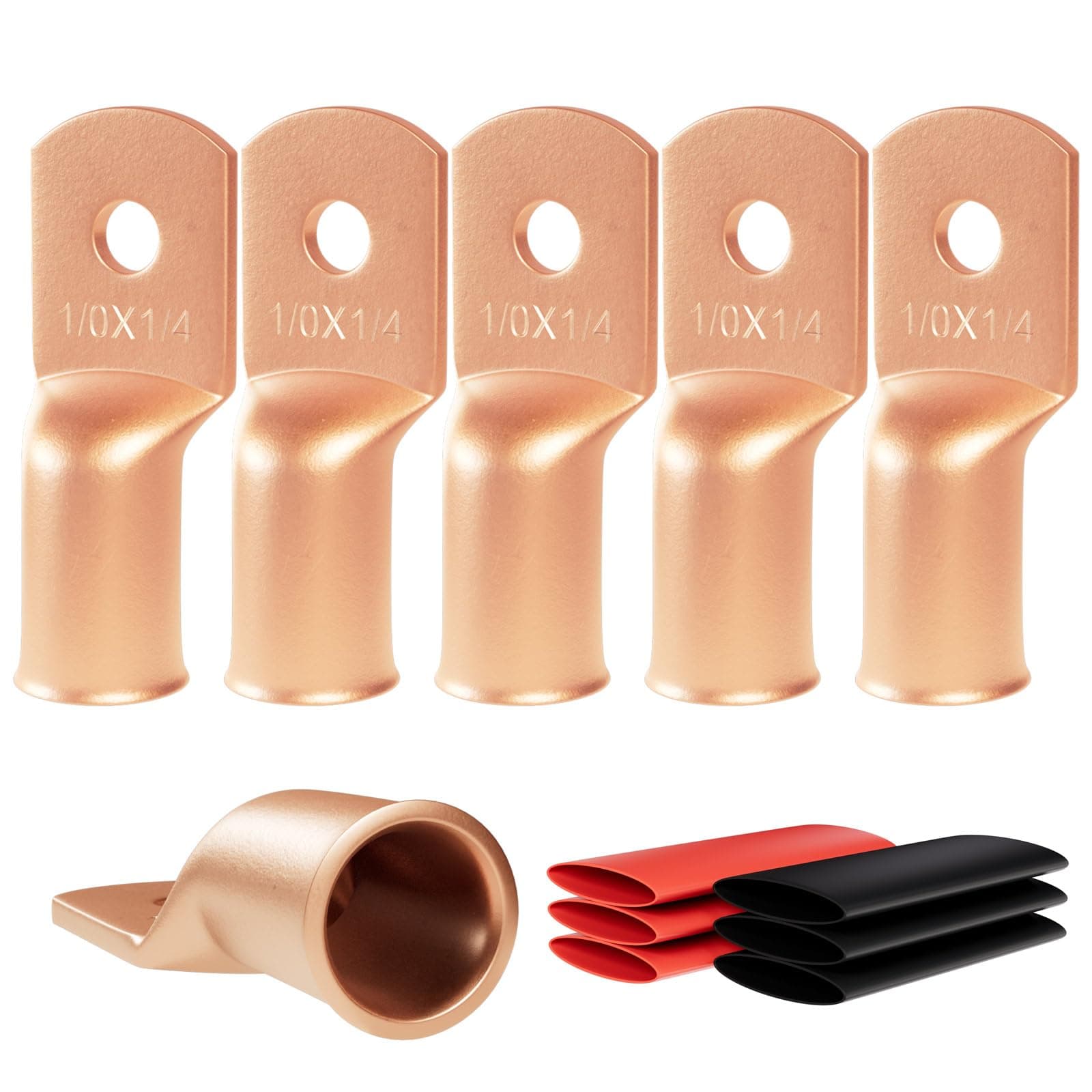 Battery Terminal Connectors, Sanuke Copper Wire Lugs Assortment Battery Cable Ends with 3:1 Heat Shrink Tubing 1/0 AWG - 1/4" (M6)