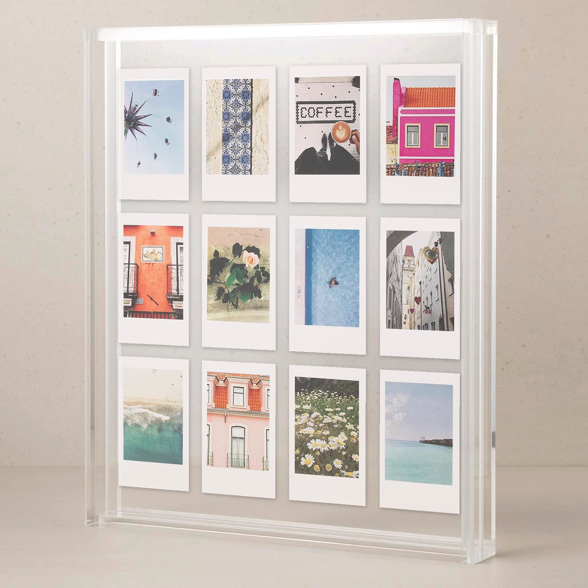 Polaroid & Fujifilm Instax Frame – Clear Acrylic Floating Picture Frame 11.8" x 10.2" Holds 8x10 Photo or 12 Instax Mini Polaroid Go Prints Double-Sided Collage Display for Wedding & Graduation