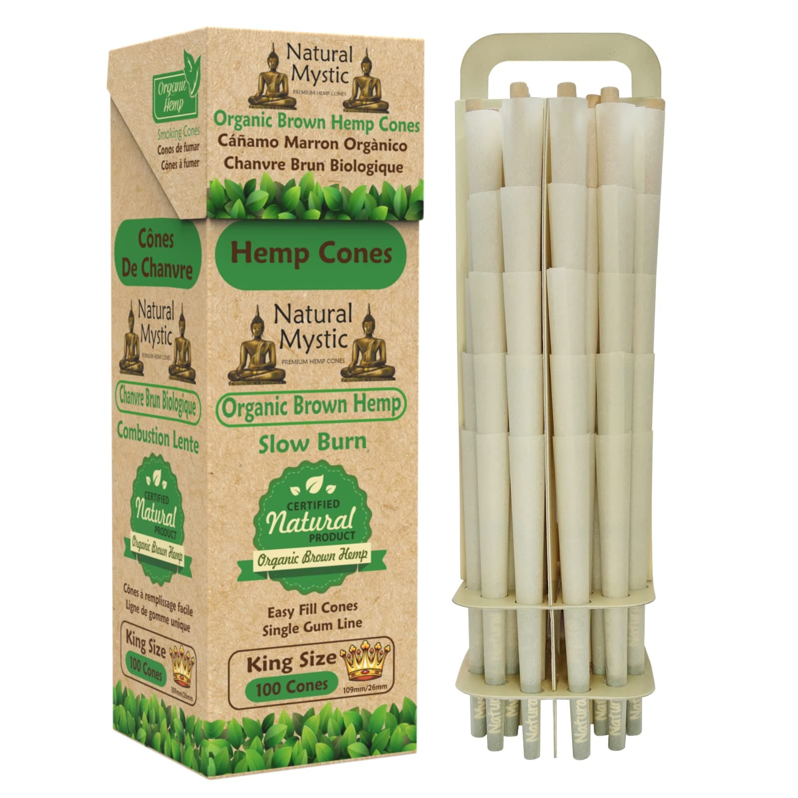Pre Rolled Cones King Size – 100 Brown Classic Paper Tubes Natural Mystic Organic Rolling Papers With Tips Use Cone Loader Packing Sticks