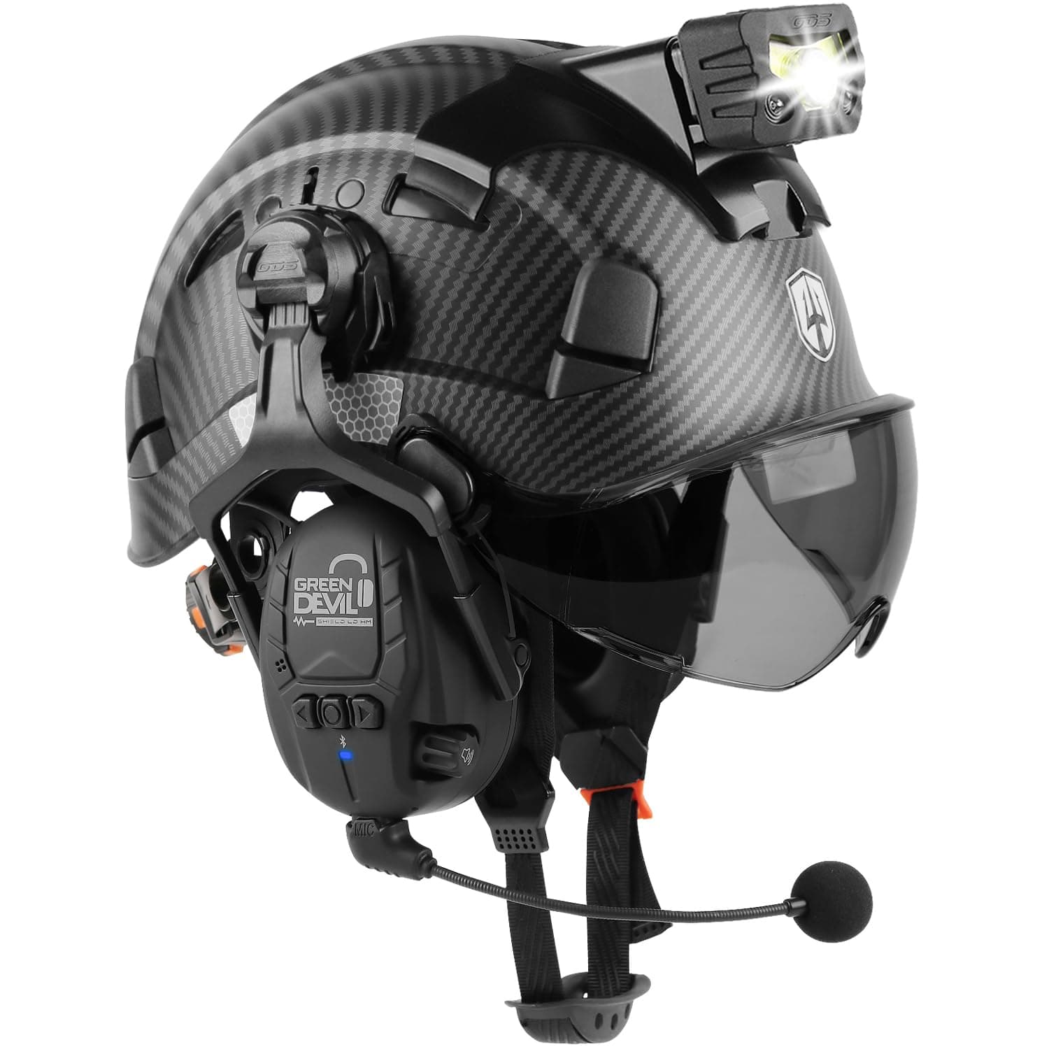 Hard Hat Safety Helmet with Visor Bluetooth Ear Muffs and Headlamp 5 in 1 Full Protection Vented Work Hardhat ANSI Z89.1 Cascos De Construccion for Industrial Construction Forestry