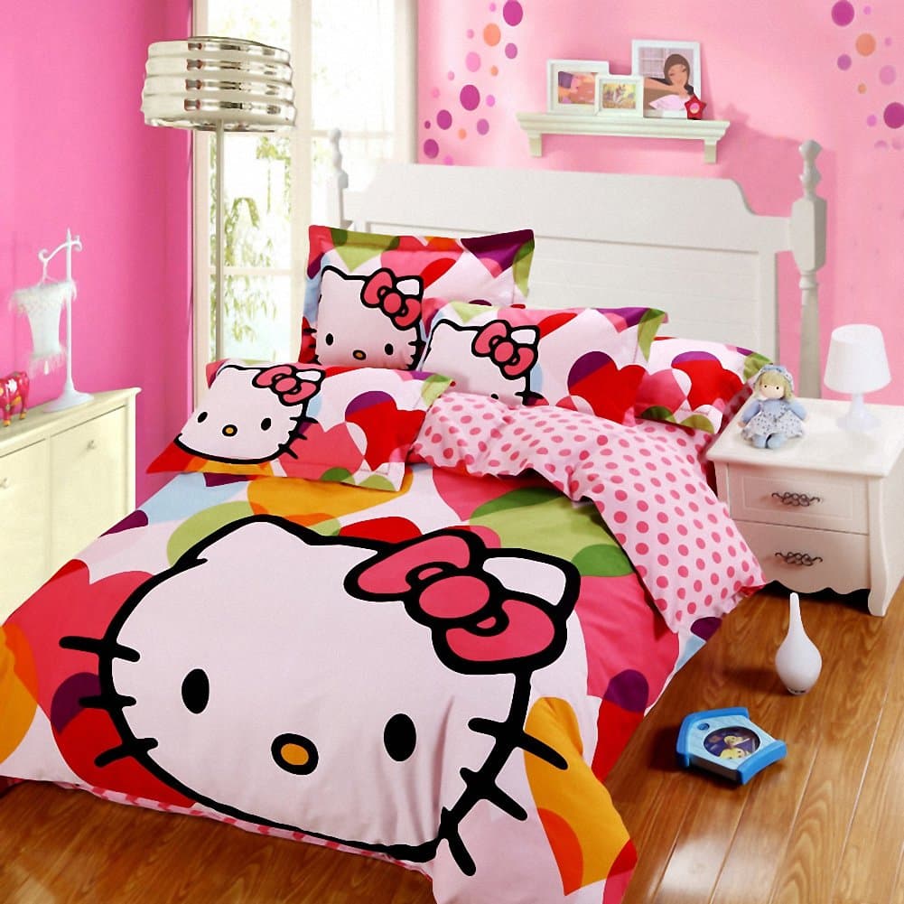 Hughapy Cartoon Pure Cotton Thicken Keep Warm Bedding Sets Happy Cat Sanding Duvet Cover Sets, Queen 4 Piece Pink