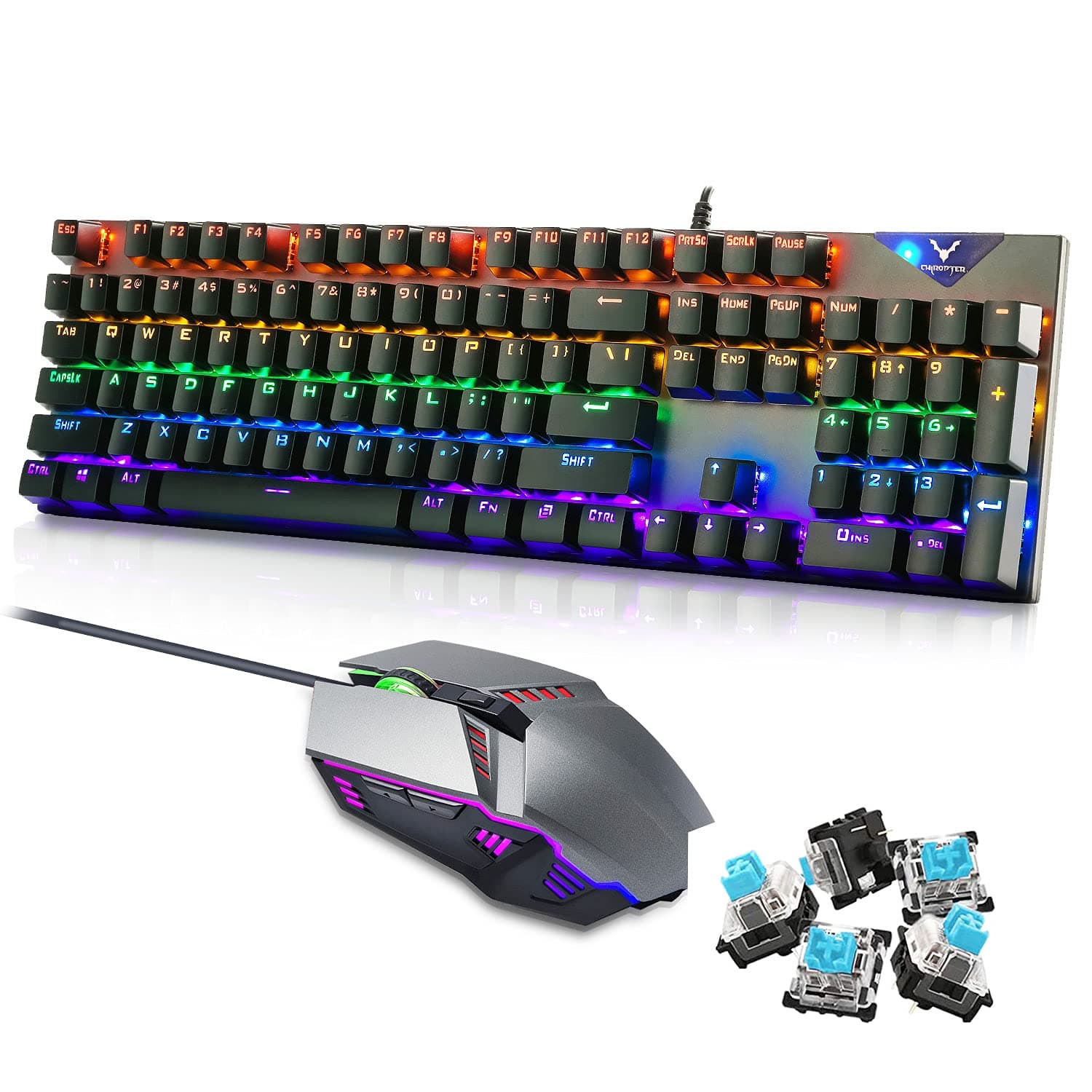 CHIROPTER Mechanical Keyboard and Mouse Combo, Wired RGB LED Backlit Mechanical Gaming Keyboard with Blue Switch, Gaming Mouse for Windows PC Gamers